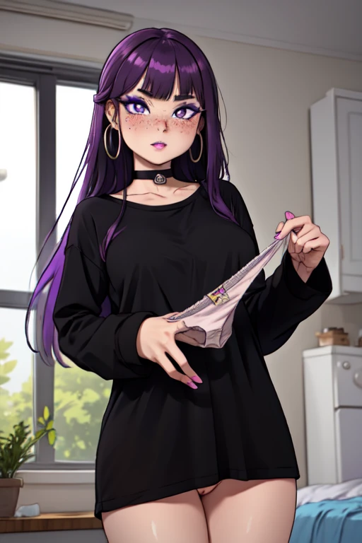 FernFrieren, very long hair, purple hair, purple eyes, (purple pupils), oversized t-shirt, bottomless, pussy, long sleeves, small breasts, purple lips, black choker, silver hoop earrings, metallic, blush, eyeliner, nose blush, freckles, looking at viewer, indoors, bedroom, window, garden, (detailed, highres:1.2), egirlmakeup, holding panties, presenting panties