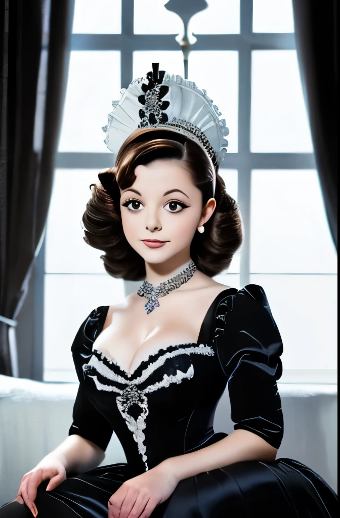 a black and white photo of a woman in a dress and tiable, a portrait by Stan Galli, tumblr, rococo, in costume, beautiful stella maeve magician, in a fancy elaborate dress, gorgeous stella maeve magician, movie still, susan hayward, circa 1940s, 1 7 th century duchess, with shoulder pads, rococo queen
