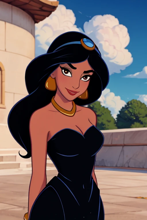 1girl, jasmine \(disney\), looking at viewer, lips, smirk, dark-skinned female, standing, contrapposto, (upper body:1.1), black hair, very long hair, brown eyes, eyeliner, blush, nsfw, solo, jewelry, dress, (black dress:1.1), (center opening:1.1), absolute cleavage, short dress, medium breasts, cleavage, skindentation, revealing clothes, wide hips, bracelet, necklace BREAK
outdoors, day, sky, cloud, blue sky, cloudy sky