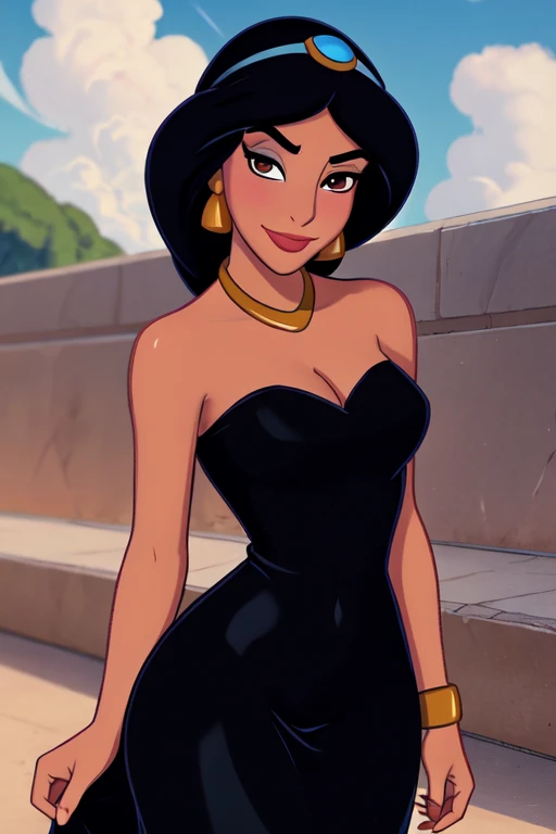 1girl, jasmine \(disney\), looking at viewer, lips, smirk, dark-skinned female, standing, contrapposto, (upper body:1.1), black hair, very long hair, brown eyes, eyeliner, blush, nsfw, solo, jewelry, dress, (black dress:1.1), (center opening:1.1), absolute cleavage, short dress, medium breasts, cleavage, skindentation, revealing clothes, wide hips, bracelet, necklace BREAK
outdoors, day, sky, cloud, blue sky, cloudy sky