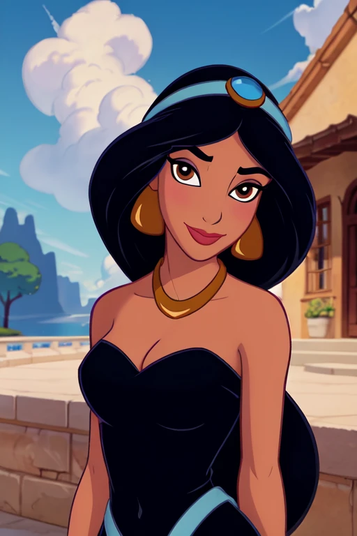 1girl, jasmine \(disney\), looking at viewer, lips, smirk, dark-skinned female, standing, contrapposto, (upper body:1.1), black hair, very long hair, brown eyes, eyeliner, blush, nsfw, solo, jewelry, dress, (black dress:1.1), (center opening:1.1), absolute cleavage, short dress, medium breasts, cleavage, skindentation, revealing clothes, wide hips, bracelet, necklace BREAK
outdoors, day, sky, cloud, blue sky, cloudy sky