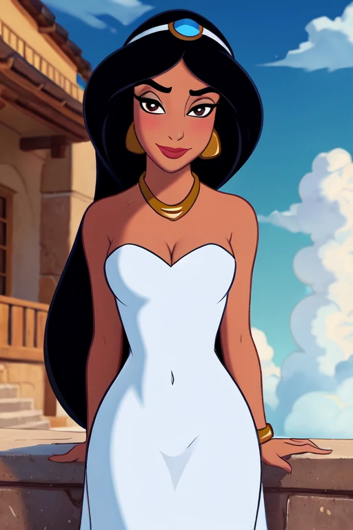 1girl, jasmine \(disney\), looking at viewer, lips, smirk, dark-skinned female, standing, contrapposto, (upper body:1.1), black hair, very long hair, brown eyes, eyeliner, blush, nsfw, solo, jewelry, dress, (black dress:1.1), (center opening:1.1), absolute cleavage, short dress, medium breasts, cleavage, skindentation, revealing clothes, wide hips, bracelet, necklace BREAK
outdoors, day, sky, cloud, blue sky, cloudy sky