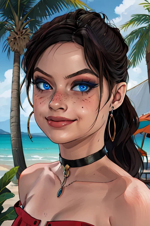 (masterpiece, best quality:1.2), claired, 1girl, low ponytail, brown hair, blue eyes, long hair, solo, red dress, bare shoulders,  lips, smirk, black choker, hoop earrings, metallic, upper body, small breasts, blush, eyeliner, nose blush, freckles, looking at viewer, outdoors, beach, palm tree, (detailed, highres:1.2), egirlmakeup