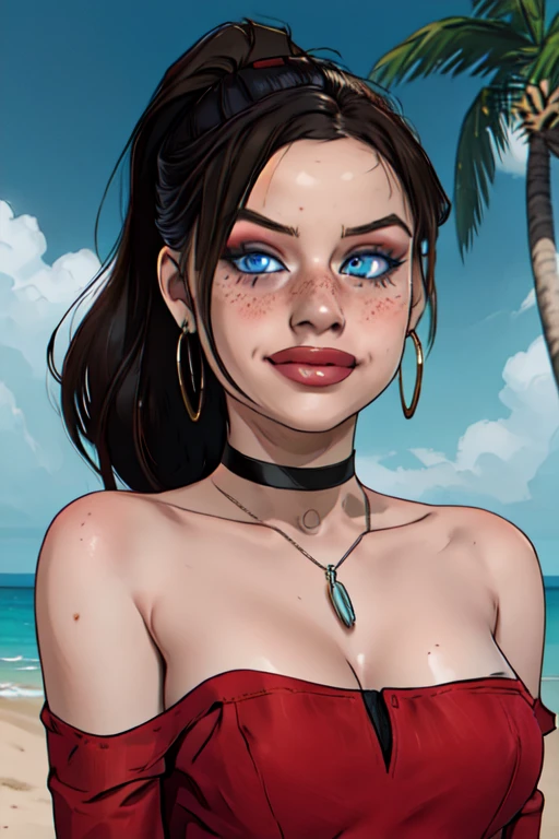 (masterpiece, best quality:1.2), claired, 1girl, low ponytail, brown hair, blue eyes, long hair, solo, red dress, bare shoulders,  lips, smirk, black choker, hoop earrings, metallic, upper body, small breasts, blush, eyeliner, nose blush, freckles, looking at viewer, outdoors, beach, palm tree, (detailed, highres:1.2), egirlmakeup