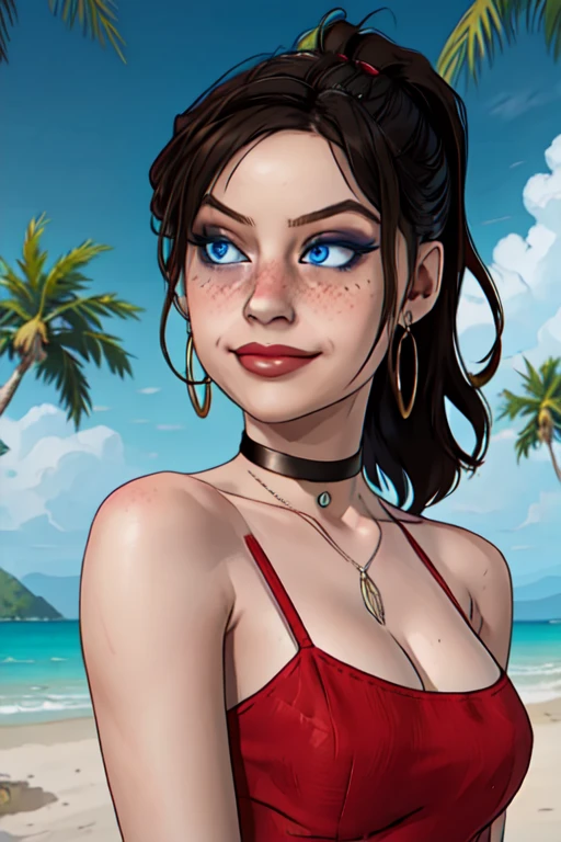 (masterpiece, best quality:1.2), claired, 1girl, low ponytail, brown hair, blue eyes, long hair, solo, red dress, bare shoulders,  lips, smirk, black choker, hoop earrings, metallic, upper body, small breasts, blush, eyeliner, nose blush, freckles, looking at viewer, outdoors, beach, palm tree, (detailed, highres:1.2), egirlmakeup