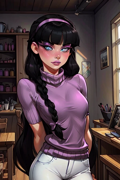 masterpiece, best quality, TrixieTang, 1girl, purple sweater, purple hairband, arms behind back, black hair, twin braids, long hair, blue eyes, standing, upper body, small breasts, looking at viewer, nose blush, egirlmakeup, eyeliner, pink lips, closed mouth, solo, indoors, saloon, 