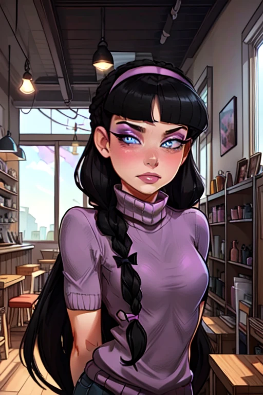 masterpiece, best quality, TrixieTang, 1girl, purple sweater, purple hairband, arms behind back, black hair, twin braids, long hair, blue eyes, standing, upper body, small breasts, looking at viewer, nose blush, egirlmakeup, eyeliner, pink lips, closed mouth, solo, indoors, saloon, 