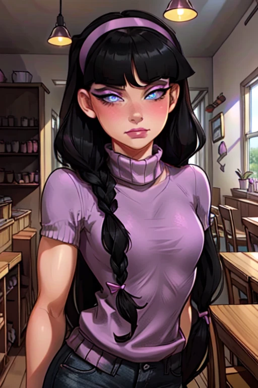 masterpiece, best quality, TrixieTang, 1girl, purple sweater, purple hairband, arms behind back, black hair, twin braids, long hair, blue eyes, standing, upper body, small breasts, looking at viewer, nose blush, egirlmakeup, eyeliner, pink lips, closed mouth, solo, indoors, saloon, 