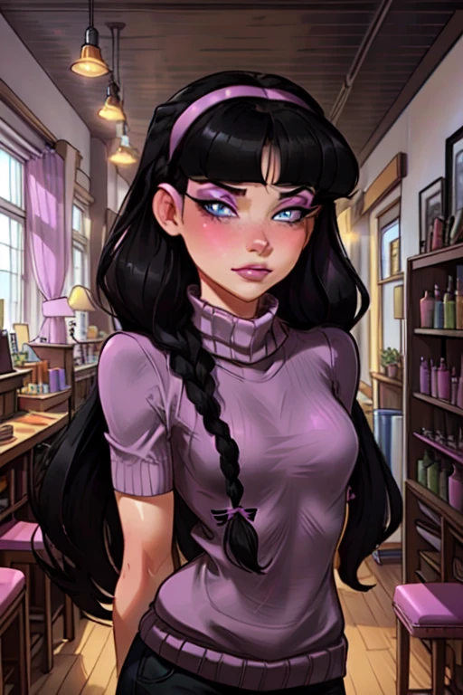 masterpiece, best quality, TrixieTang, 1girl, purple sweater, purple hairband, arms behind back, black hair, twin braids, long hair, blue eyes, standing, upper body, small breasts, looking at viewer, nose blush, egirlmakeup, eyeliner, pink lips, closed mouth, solo, indoors, saloon, 