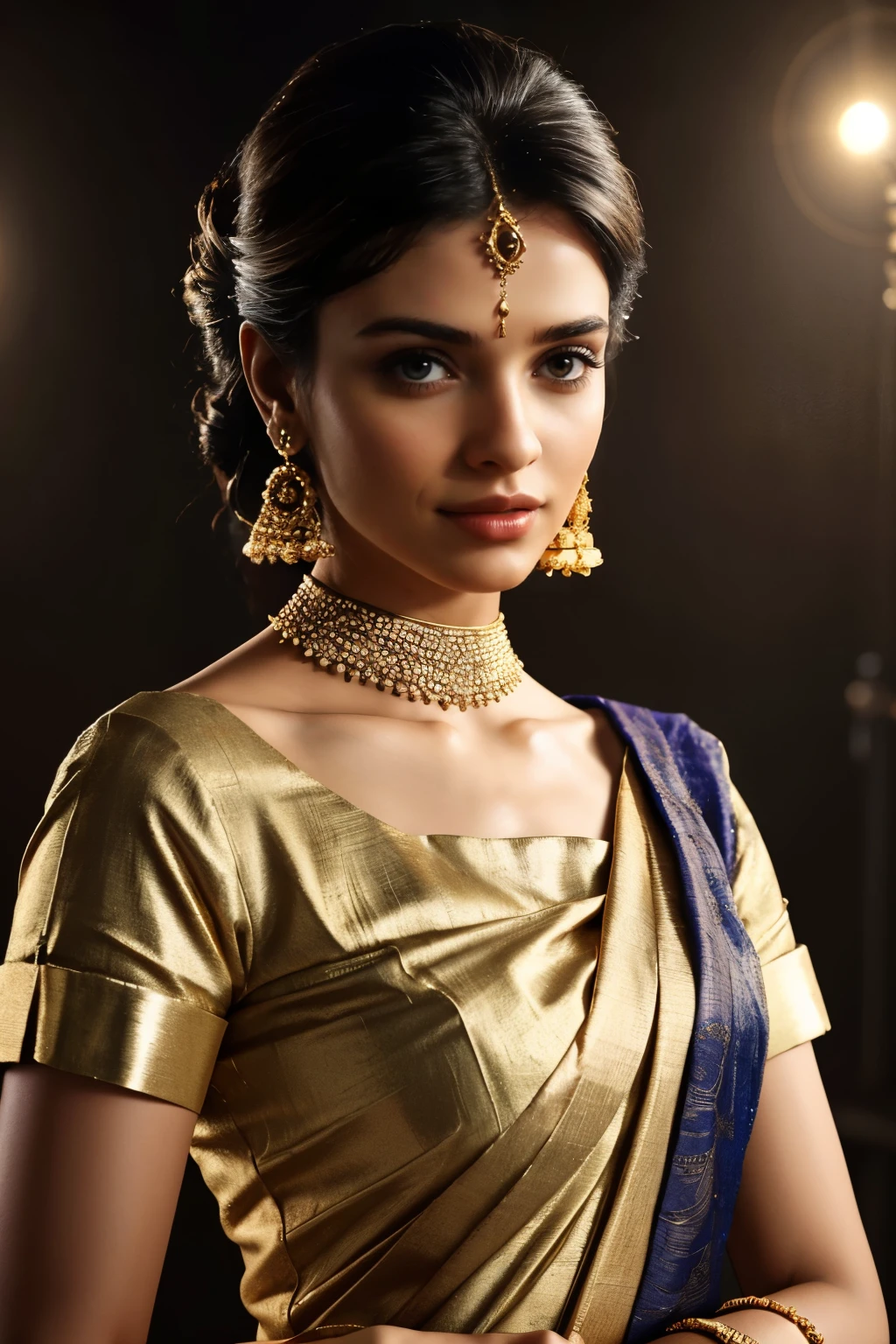 In this photograph, an Indian Instagram female model in her mid-20s takes center stage. (highly detailed face:1.4) (smile:0.7) (background 5-star hotel, moody, private study:1.0V, by Lee Jeffries, Nikon D850, film stock photograph, 4 Kodak Portra 400, camera f1.6 lens, rich colors, hyper-realistic, lifelike texture, dramatic lighting, Cinestill 800, realistic). She is wearing a traditional violet combination saree that exudes elegance and sophistication. The saree features a vibrant and intricate design with rich colors and detailed patterns, draped gracefully around her. The blouse is short-sleeved with intricate embroidery and beadwork, complementing the saree’s luxurious fabric. Completing her look, she adorns herself with traditional jewelry, including bangles, earrings, and a necklace. The model's hair is styled in a classic bun with jasmine flowers. The photograph is meticulously captured in 8K resolution using cutting-edge techniques such as Cinema 4D and Octane Render, resulting in a highly detailed and photorealistic image. Studio lighting, HDR, and a smoky mist create a captivating ambiance, while the bokeh effect adds an artistic touch.