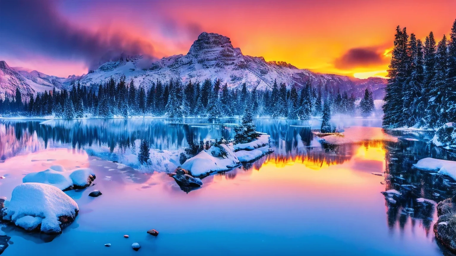 A Norwegian foggy Fjord in the winter, sunset, snowy mountains in the background, fog, pair, coming from blue hot water, The water is blue, snow, ice everywhere, magical forest, mystical, (Nordic Gods mystical vibes:1.2), Watering can SL2 + Leica Vario-Elmarit-SL 24-70 f/2.8 ASF , 16K, ultra high resolution.Photorealistic, UHD, masterpiece, RAW, kinematics,HDR,High Definition Image,incredibly realistic Norwegian landscape,light fog haze,