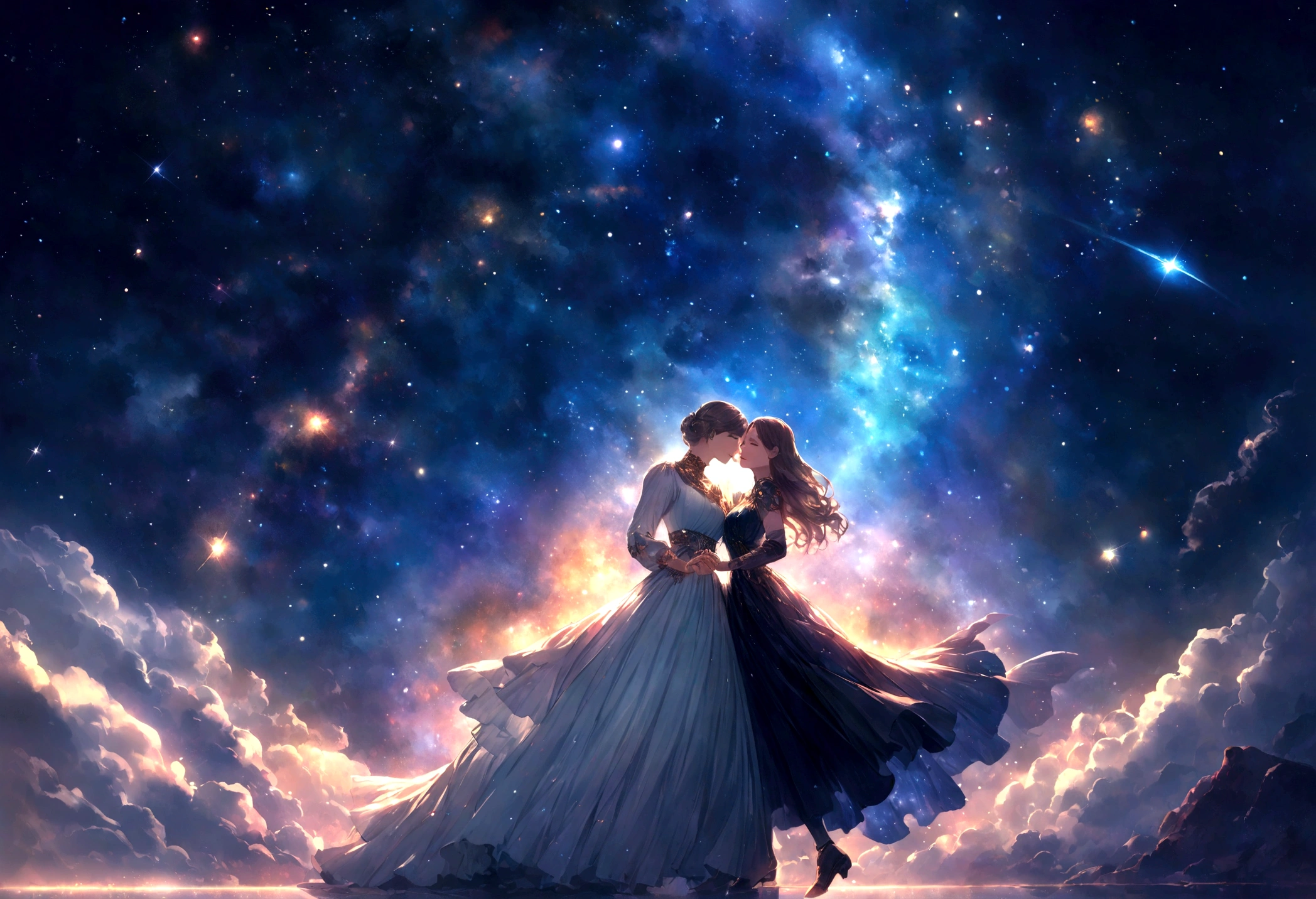 space, milky way, galaxy, stars, happy couple, holding hands, kissing,fantasy art