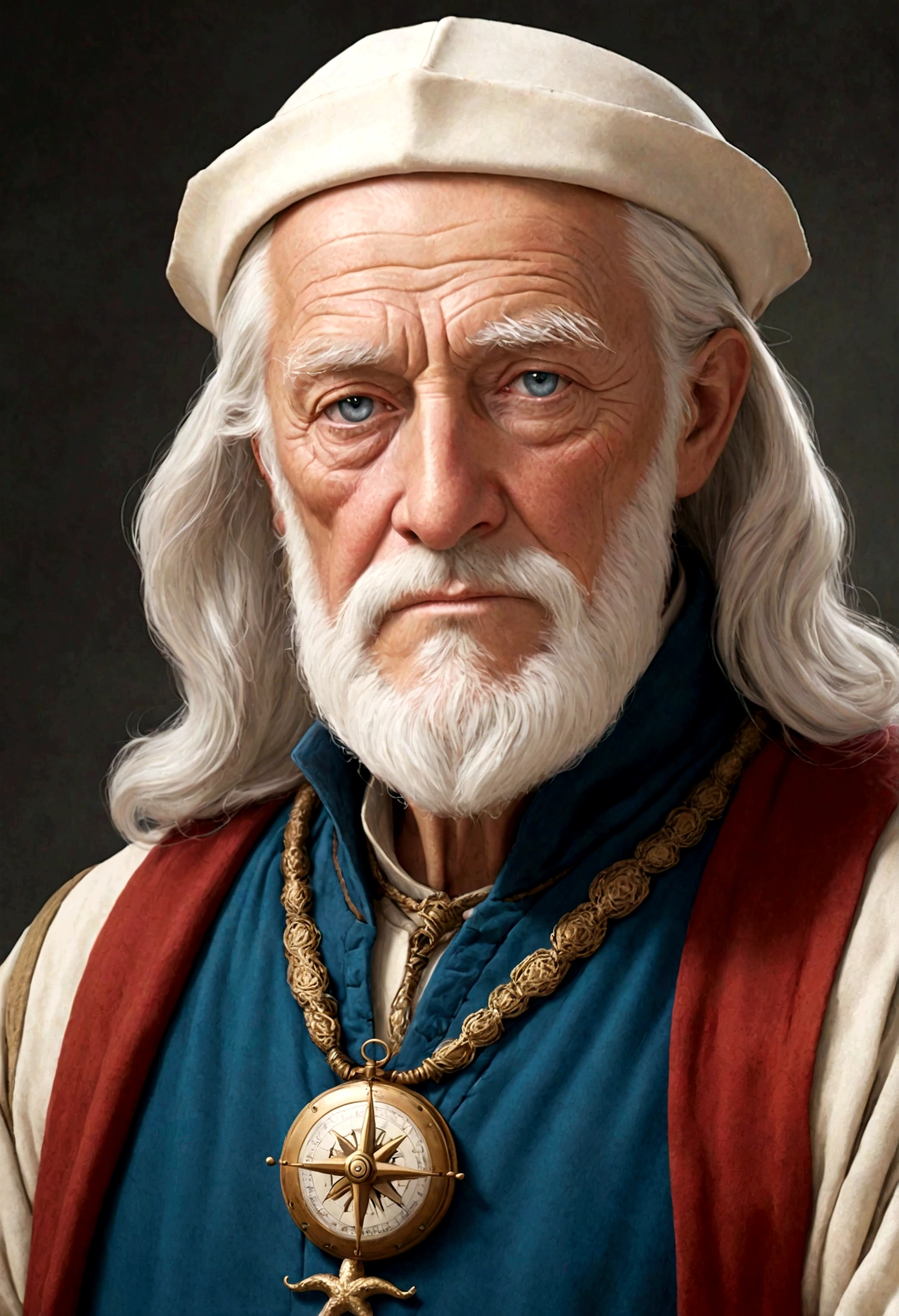 **Appearance:**
(Lord Henry Ballard, in his early eighties, is a weathered man bearing the marks of a life spent at sea. His sun-tanned, wrinkle-lined face reflects the wisdom and experience of his years. His eyes, ocean blue, carry the melancholy and wisdom of a sailor who has seen the depths. His hair and beard are pure white, yet his strong and upright posture reveals an energetic and determined man despite his age. He typically wears simple yet high-quality seafaring clothes. At his waist hangs an ancestral compass, and around his neck, a dolphin figure representing the sea god Ovayek.), ((80 years old)), ((very noble old man)), (((very classy medieval age noble)))
**Personality:**
Henry is a wise, calm, and contemplative man. The long years he spent on the seas have endowed him with patience, resilience, and wisdom. His speech is measured and thought-provoking; he always listens first and speaks later. He is fair and understanding towards others, yet can be firm and decisive when necessary. Deeply devoted to Zunta and its people, he does everything in his power for the city's prosperity and safety.