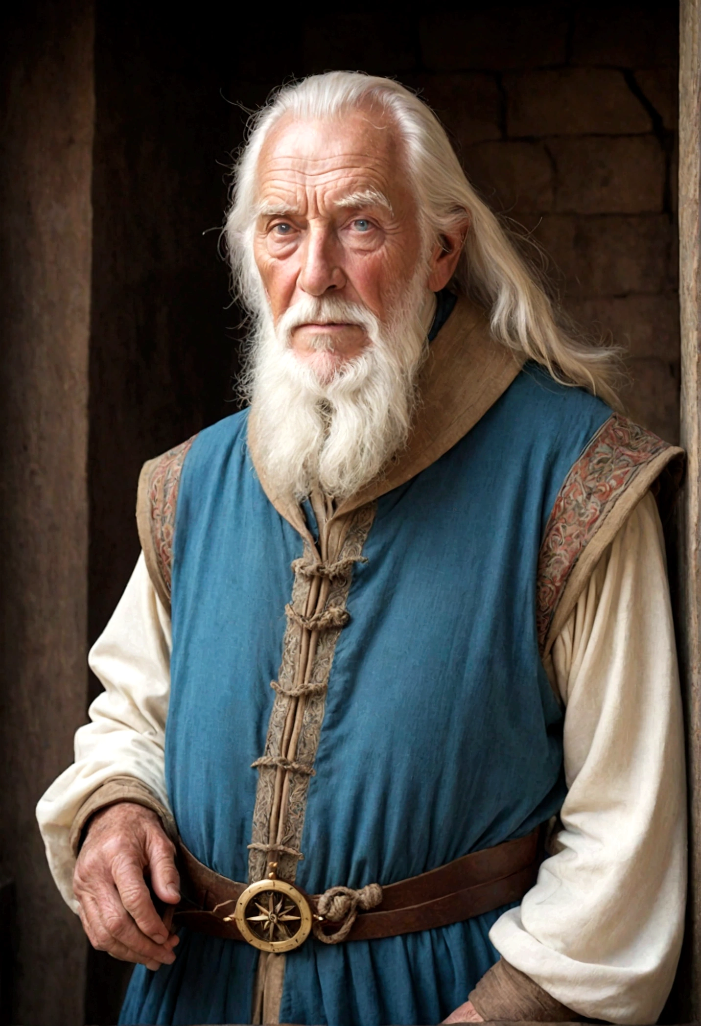 **Appearance:**
(Lord Henry Ballard, in his early eighties, is a weathered man bearing the marks of a life spent at sea. His sun-tanned, wrinkle-lined face reflects the wisdom and experience of his years. His eyes, ocean blue, carry the melancholy and wisdom of a sailor who has seen the depths. His hair and beard are pure white, yet his strong and upright posture reveals an energetic and determined man despite his age. He typically wears simple yet high-quality seafaring clothes. At his waist hangs an ancestral compass, and around his neck, a dolphin figure representing the sea god Ovayek.), ((80 years old)), ((very noble old man)), (((very classy medieval age noble)))
**Personality:**
Henry is a wise, calm, and contemplative man. The long years he spent on the seas have endowed him with patience, resilience, and wisdom. His speech is measured and thought-provoking; he always listens first and speaks later. He is fair and understanding towards others, yet can be firm and decisive when necessary. Deeply devoted to Zunta and its people, he does everything in his power for the city's prosperity and safety.