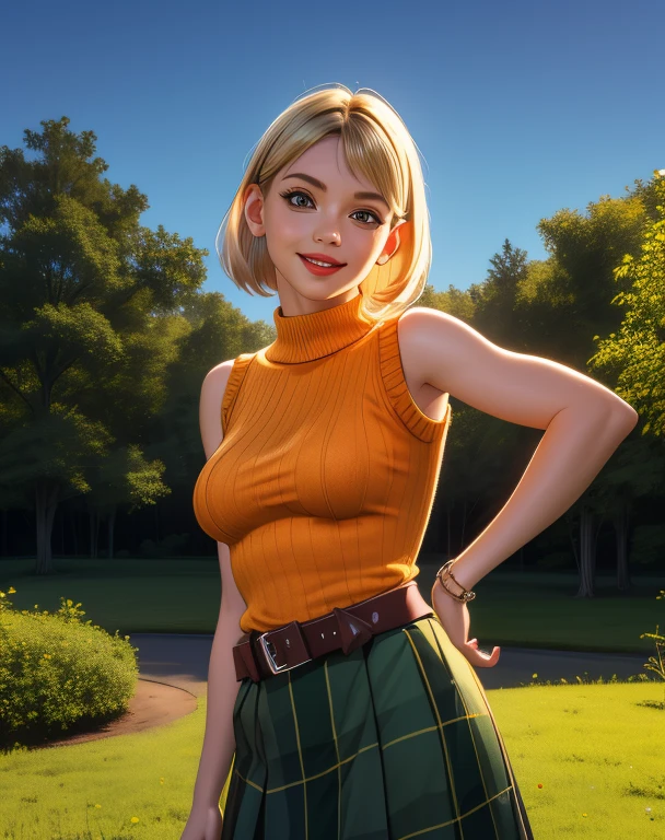 ashleyc,brown eyes,blonde hair,lips,short hair,
orange sweater,sleeveless,skirt,belt,smile,
standing,mansion,night,outdoors,forest,
standing,upper body,
(insanely detailed, masterpiece, beautiful face, best quality),solo,