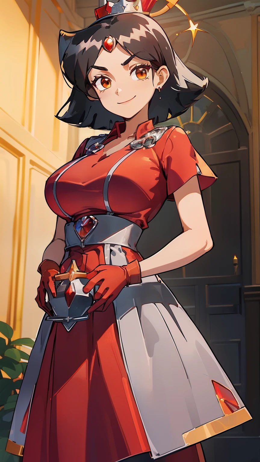 clover \(totally spies\), (black hair:1.4), short hair, (brown eyes:1.3), closed mouth, smile, huge breasts, dress, short-sleeved dress, gloves, long gloves, (red gloves:1.4), (red dress:1.4), scepter, (golden scepter:1.3), crown, (silvered crown:1.3), (cowboy shot:1.5), looking at viewer, indoors, government office,