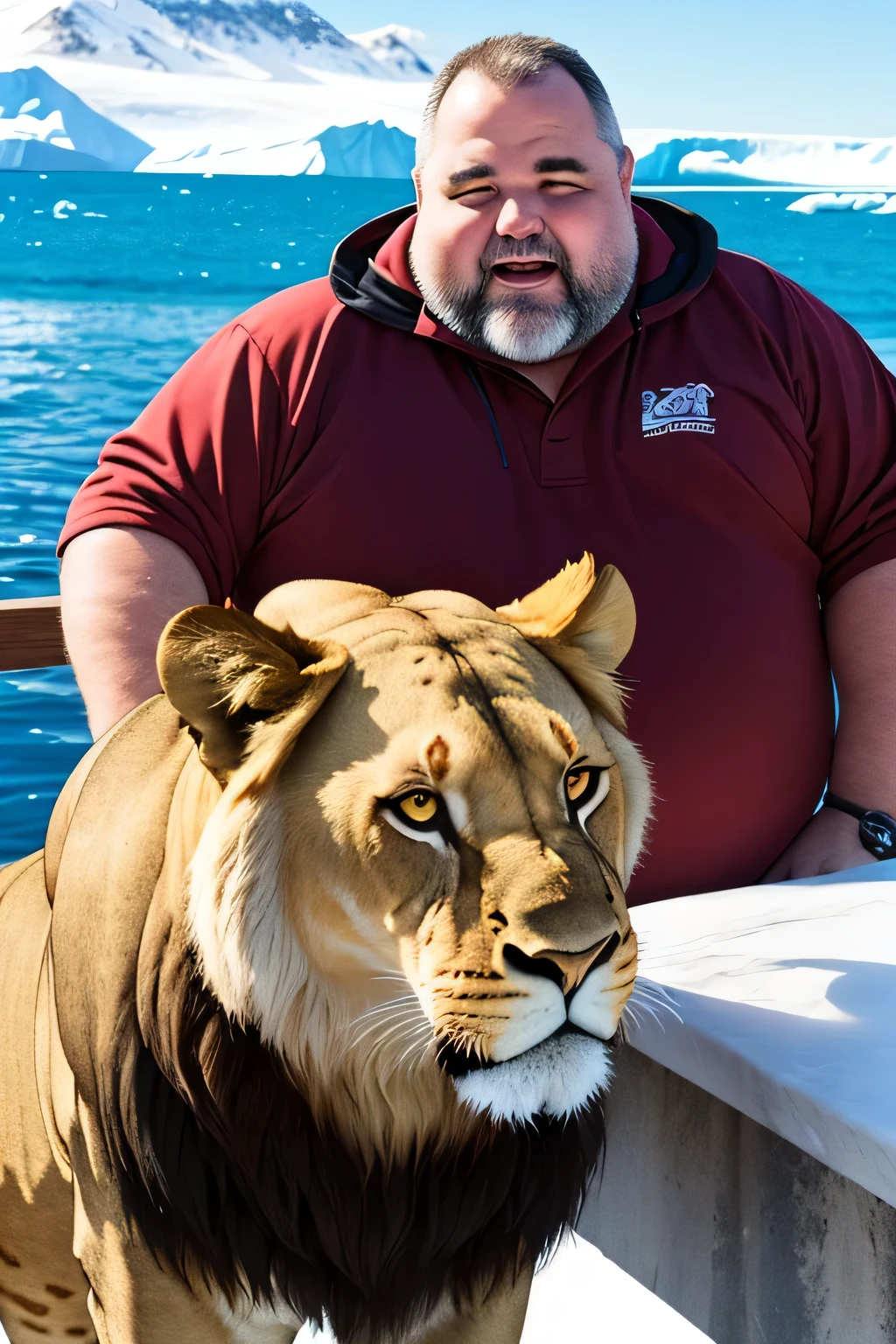 A fat middle-aged man who loves lions is drinking coffee in the Antarctic