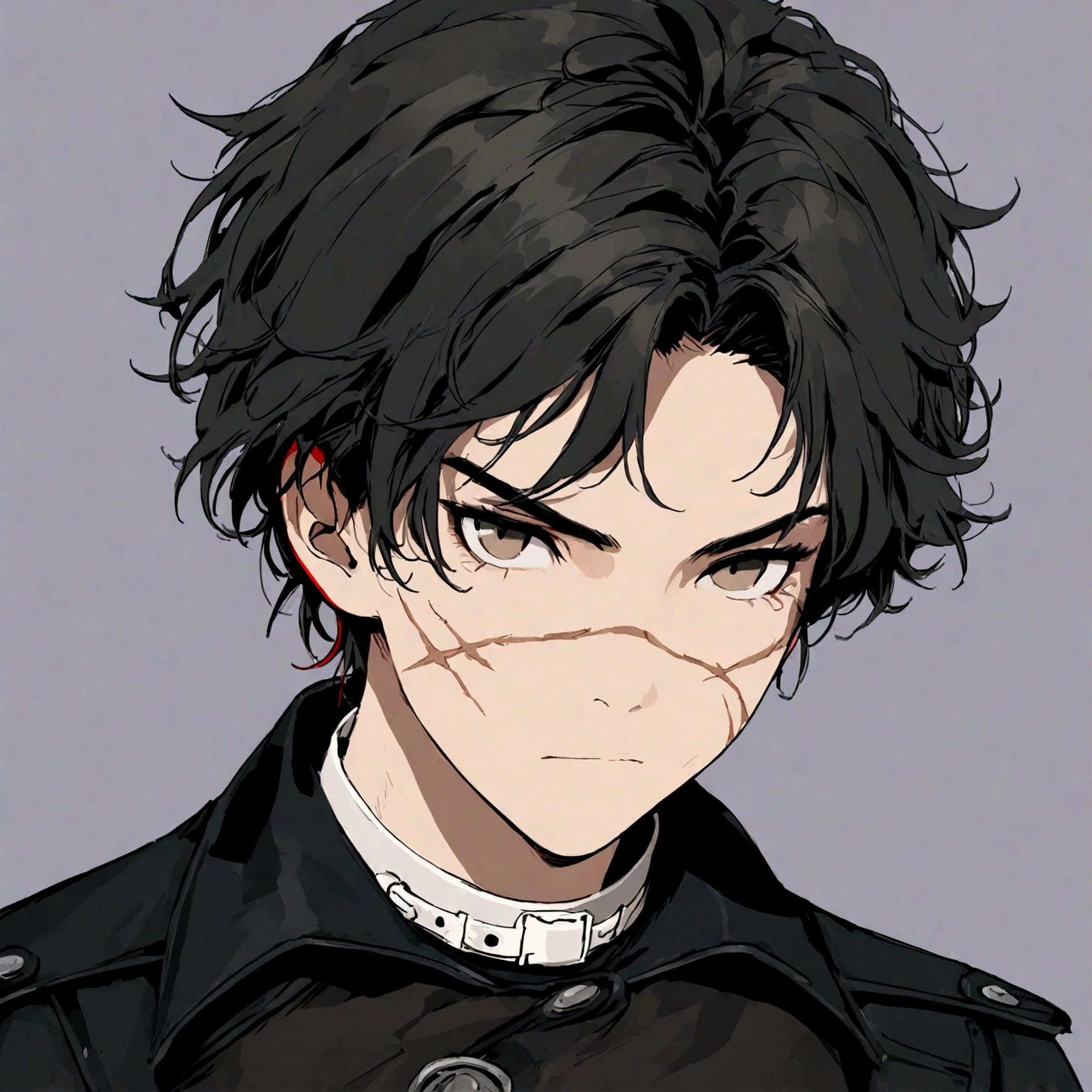 a age strong boy with black hair, tanned and dirty skin, and many scars on his face, wearing leather clothes and with a serious expression, detailed face, hyperrealistic, 8k, high quality, dramatic portrait, chiaroscuro, dark moody atmosphere, dramatic shadows, intense colors