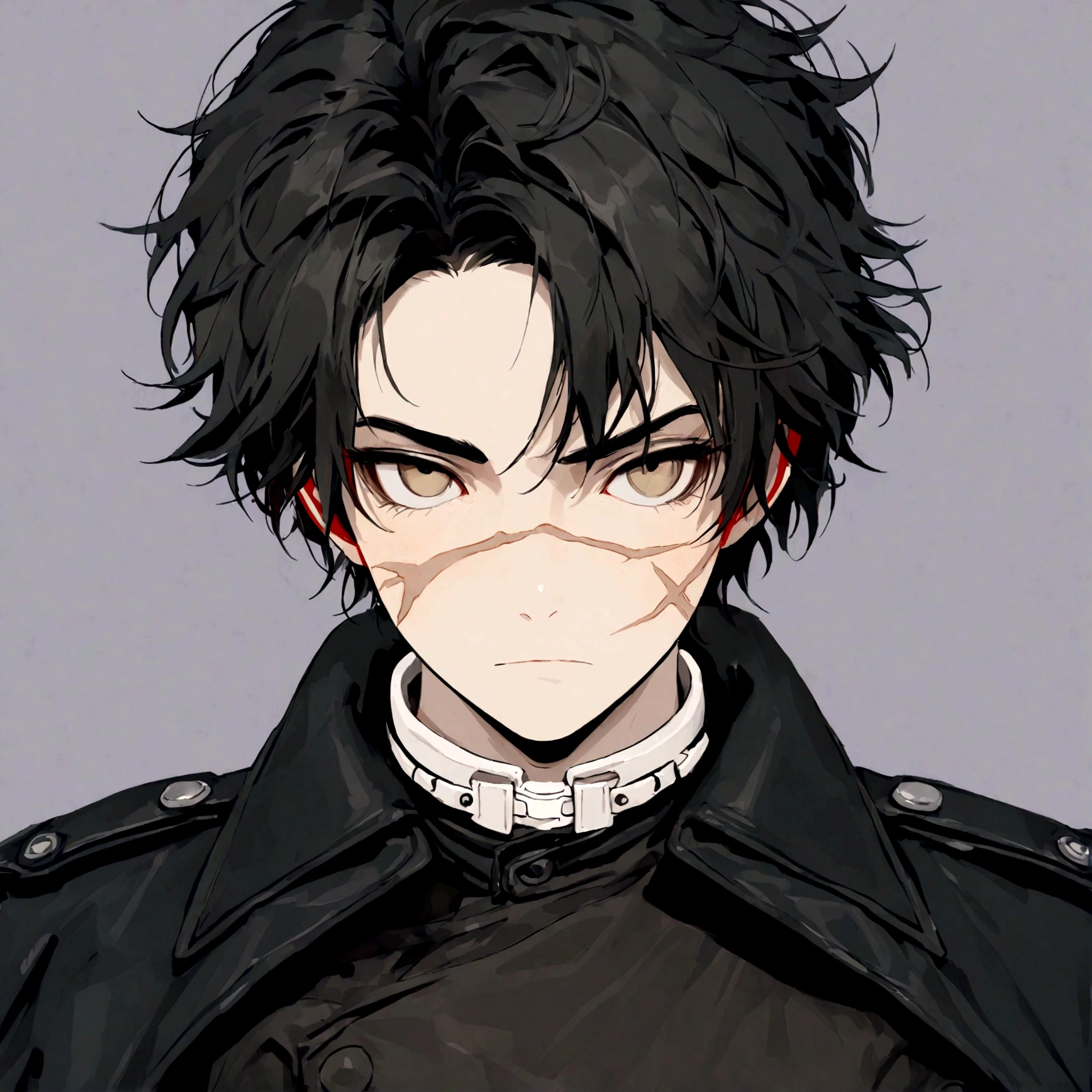 a teenage strong boy with black hair, tanned and dirty skin, and many scars on his face, wearing leather clothes and with a serious expression, detailed face, hyperrealistic, 8k, high quality, dramatic portrait, chiaroscuro, dark moody atmosphere, dramatic shadows, intense colors