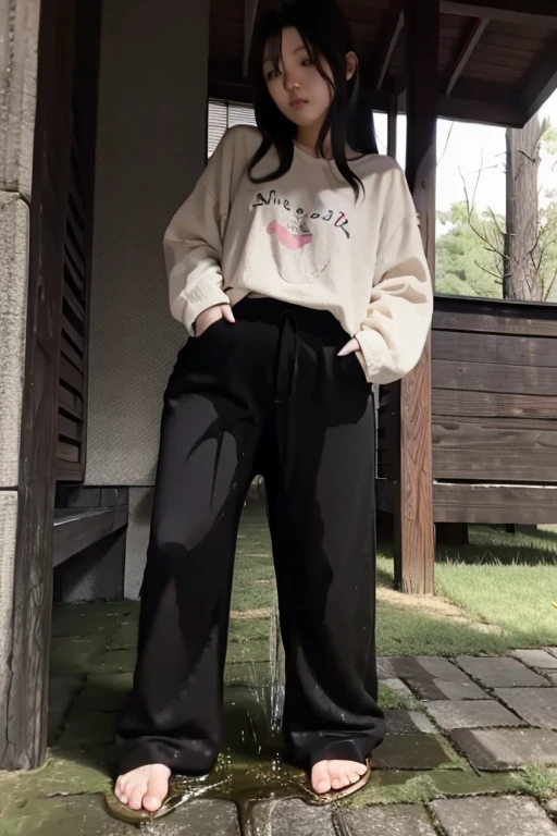 Japanese Girl sees the ghost and pees her black palazzo pants until her pants are wet in fright.