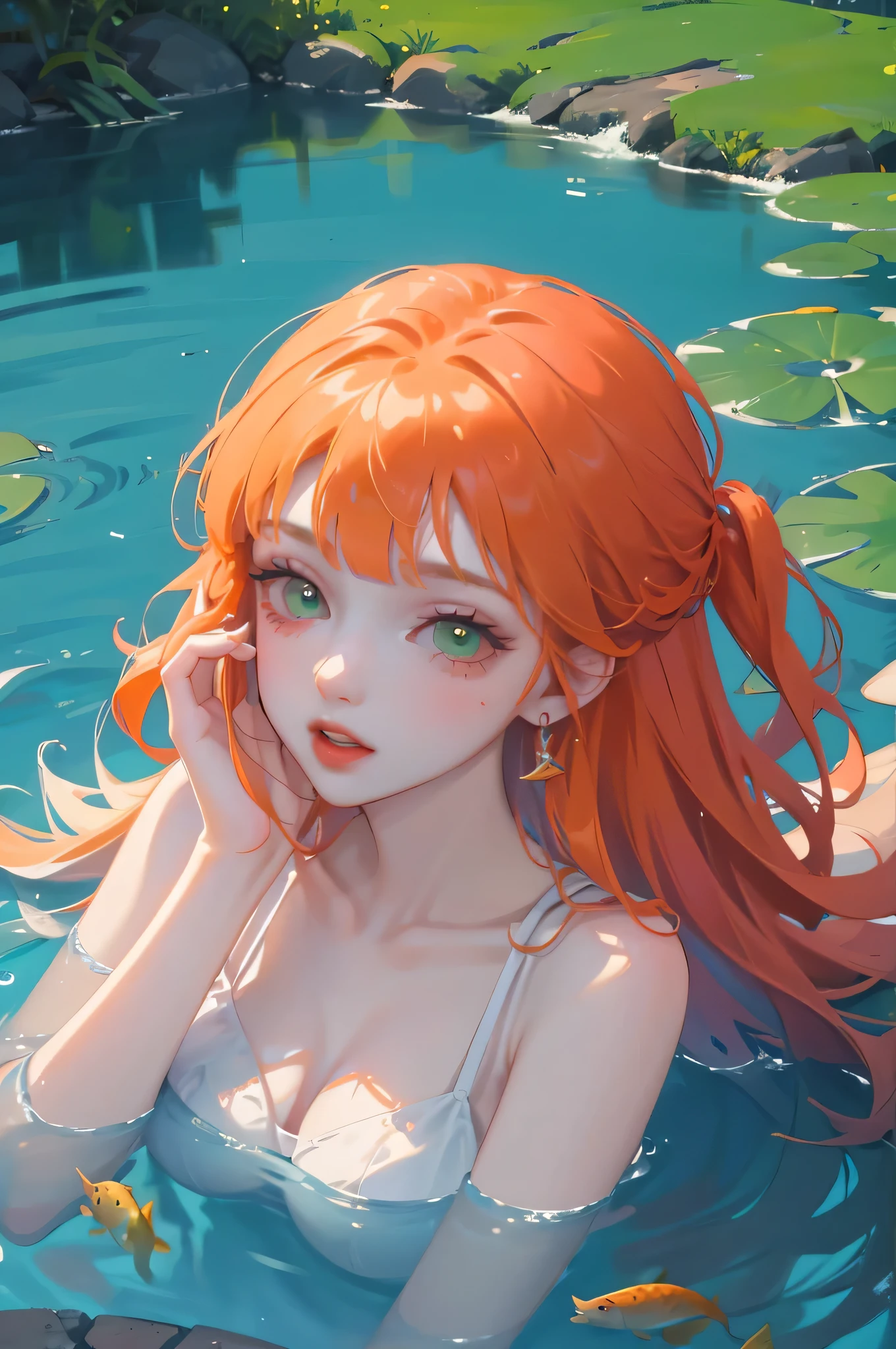 (high quality) (best quality) (a woman) (correct physiognomy) (5 fingers on each hand) (two arms) (two eyes) Woman, orange hair with bangs on the forehead, green eyes, tender lips, middle age, long white dress, location of the photo the woman must be in the middle of a pond which is located in the middle of the forest, some koi fish in the pond, lighting of the photo sunlight.