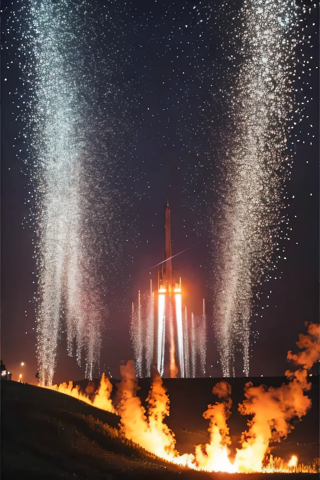 Plaine parcouru de flamme noire obscure, nuit étoilée et brumeuse