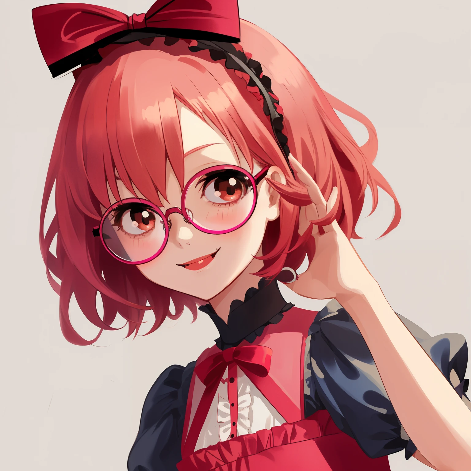 1girl, anime, red_pink_hair, short_hair, brown_eyes, playful_smile, short_sleeves_blue_lolita_ouji_vest, gothic_background, lolita_headbow_with_bear_ears, glasses, looking_at_viewer, holding_one_giant_teddy_bear