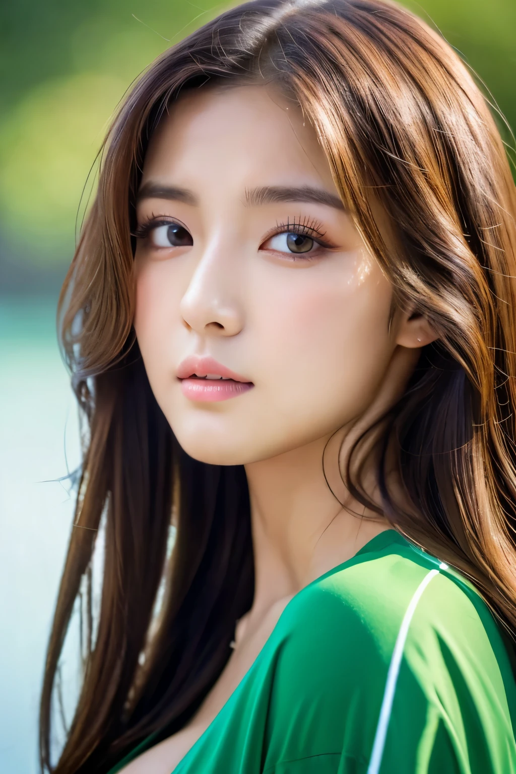 masterpiece、1 beautiful girl、highest quality, A high resolution, (reality: 1.4), Japanese、asian beauty、super beautiful、beautiful skin、thin、upper body、(Ultra-realistic)、(High resolution)、(8K)、(very detailed)、(beautiful detailed eyes)、(Super detailed)、(detailed eye description)、Big eyes、long eyelashes、detailed face、gloss lip,bright lighting、professional lighting、looking at the camera、serious expression、look straight ahead、long hair、brown hair、sea landscape、Nogizaka Idol、actress、20-year-old、big breasts、big breasts、wet skin、Green latex suit、cleavage cutout、baby face、Moisturized and realistic skin texture、moist lips、natural shadows、(arms up),