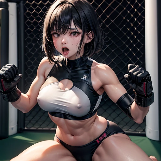 she has fainted. Pee is pouring out of her crotch. She sits in the ring, covered in blood and sweat. Her mouth is open, she is drooling, Her arms are down, weak. She is wearing a sports bra and high-leg panties. She is exhausted. A young, beautiful Japanese female mixed martial artist fights in the octagon and loses. Mouth open, drooling, Short-cut black hair. Open-fingered gloves. Erect nipples. Small breasts.