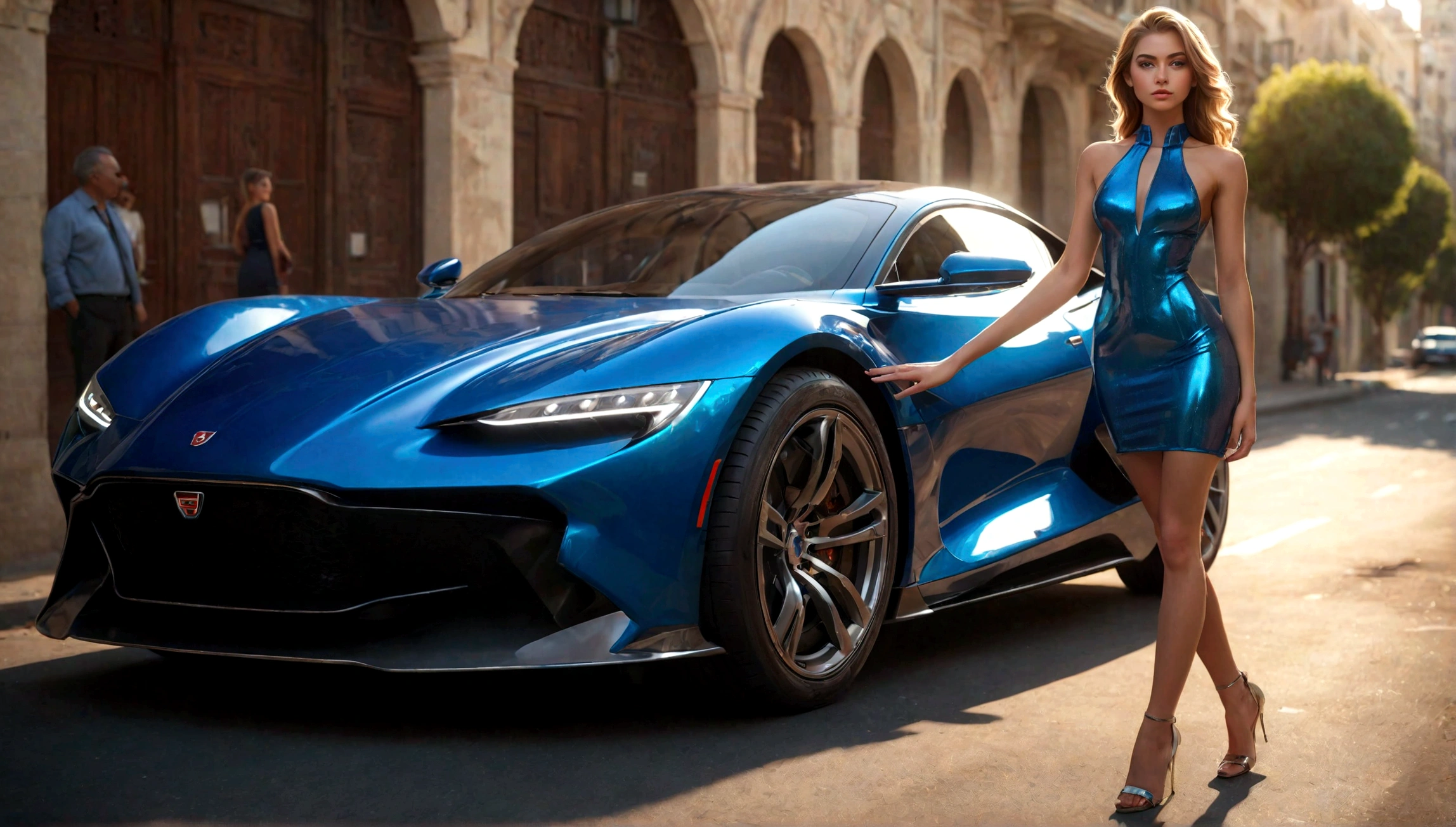 a beautiful girl in a tight dress posing next to a superdeportive car, hyper realistic, 8k, cinematic lighting, detailed facial features, photorealistic, volumetric lighting, dramatic shadows, highly detailed, intricate details, stunning, exquisite, flawless skin, elegant pose, impeccable fashion, glossy car paint, smooth metallic reflections, depth of field, cinematic framing