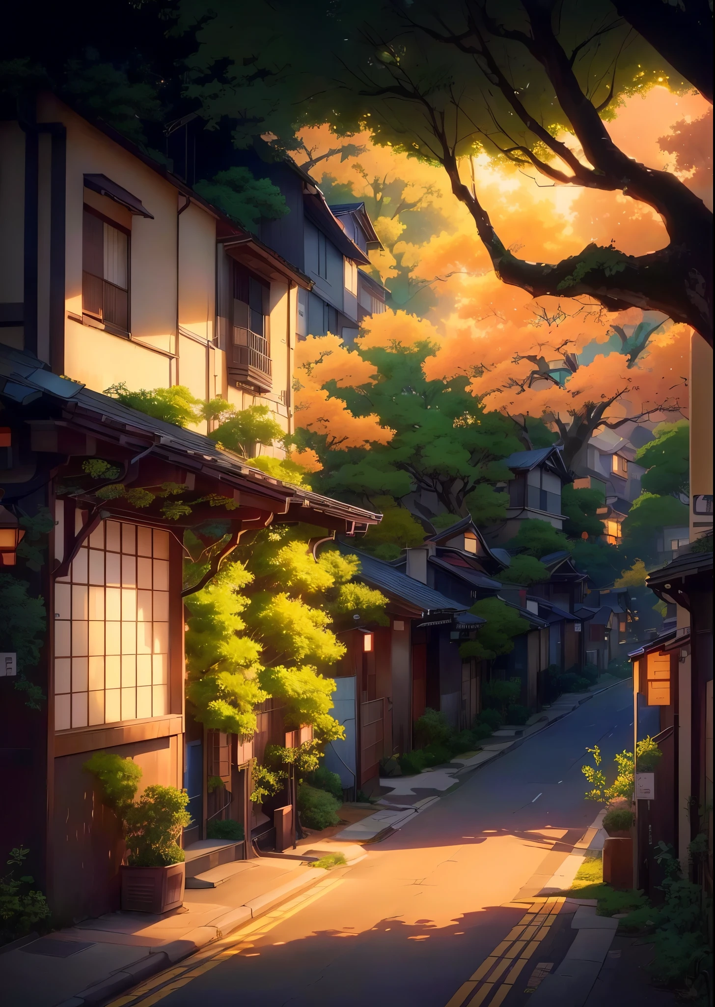 a painting of a street with a tree and a house, anime background art, beautiful anime scenery, beautiful anime scene, anime scenery, japanese street, anime scenery concept art, ross tran. scenic background, anime landscape, scenery artwork, anime art wallpaper 4k, anime art wallpaper 4 k, japanese art style, anime beautiful peace scene, anime landscape wallpaper