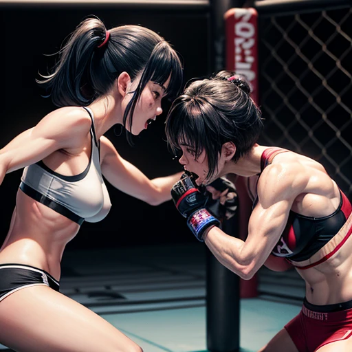 They are covered in blood. Small breasts. Intense violence. The opponent's fists are digging into her body. They are glaring at each other. The opponent's face is contorted by her punch. Dynamic action. She is suffering. She is cornered in a wire net and severely beaten by her opponent. She is wearing a sports bra and high-leg panties. Her opponent tries to kill her with a powerful punch. The two are exhausted. Two young and beautiful Japanese mixed martial artists are fighting in the octagon. They are pounding their fists into their opponents' bodies.  They are open-mouthed, drooling, one eye closed, gasping for breath. They are sweating profusely. Short-cut black hair. Open-fingered gloves. Erect nipples. 