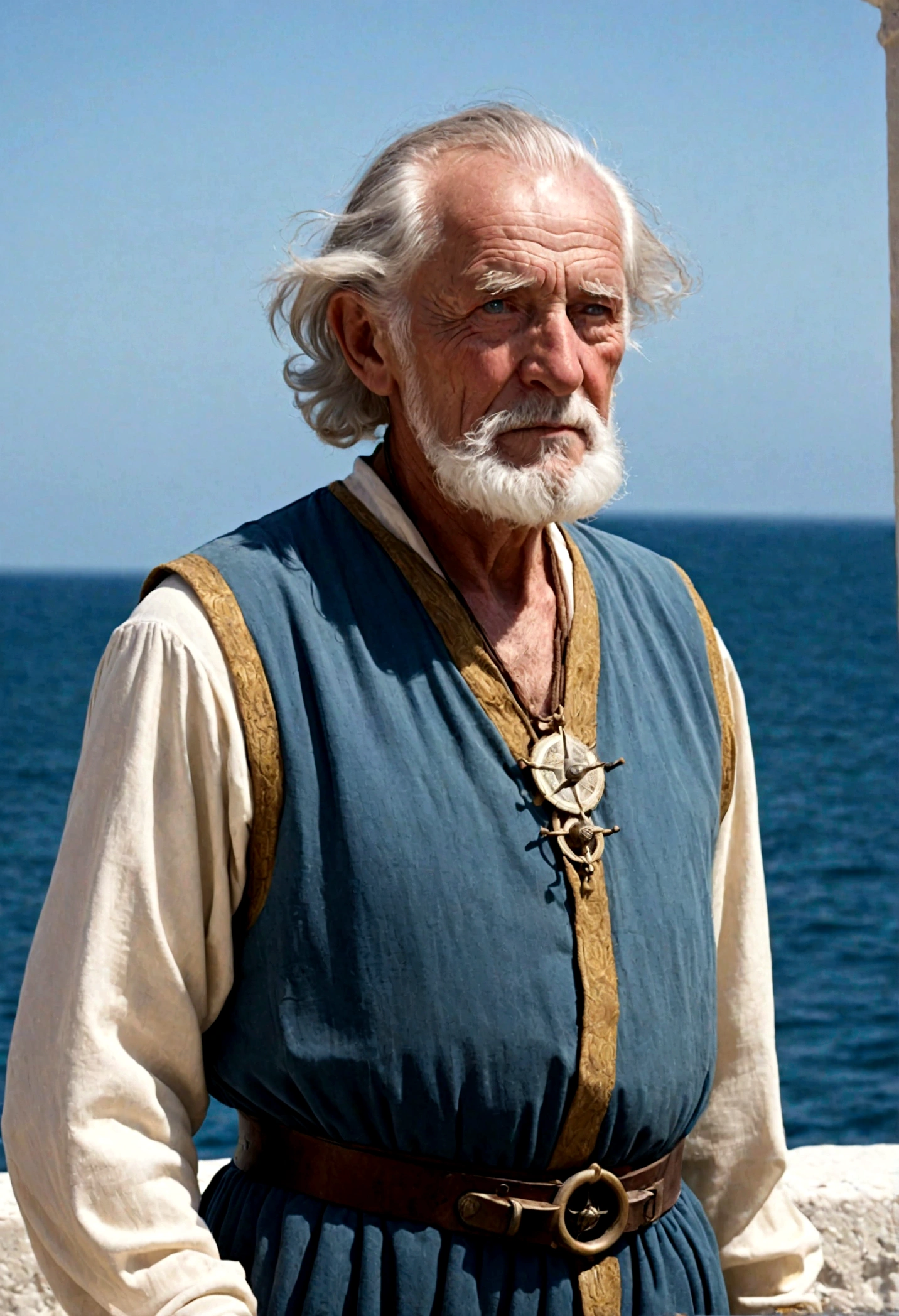 **Appearance:** (Lord Henry Ballard, in his early eighties, is a weathered man bearing the marks of a life spent at sea. His sun-tanned, wrinkle-lined face reflects the wisdom and experience of his years. His eyes, ocean blue, carry the melancholy and wisdom of a sailor who has seen the depths. His hair and beard are pure white, yet his strong and upright posture reveals an energetic and determined man despite his age. He typically wears simple yet high-quality seafaring clothes. At his waist hangs an ancestral compass, and around his neck, a dolphin figure representing the sea god Ovayek.), ((80 years old)), ((very noble old man)), (((very classy medieval age noble))) **Personality:** Henry is a wise, calm, and contemplative man. The long years he spent on the seas have endowed him with patience, resilience, and wisdom. His speech is measured and thought-provoking; he always listens first and speaks later. He is fair and understanding towards others, yet can be firm and decisive when necessary. Deeply devoted to Zunta and its people, he does everything in his power for the city's prosperity and safety.