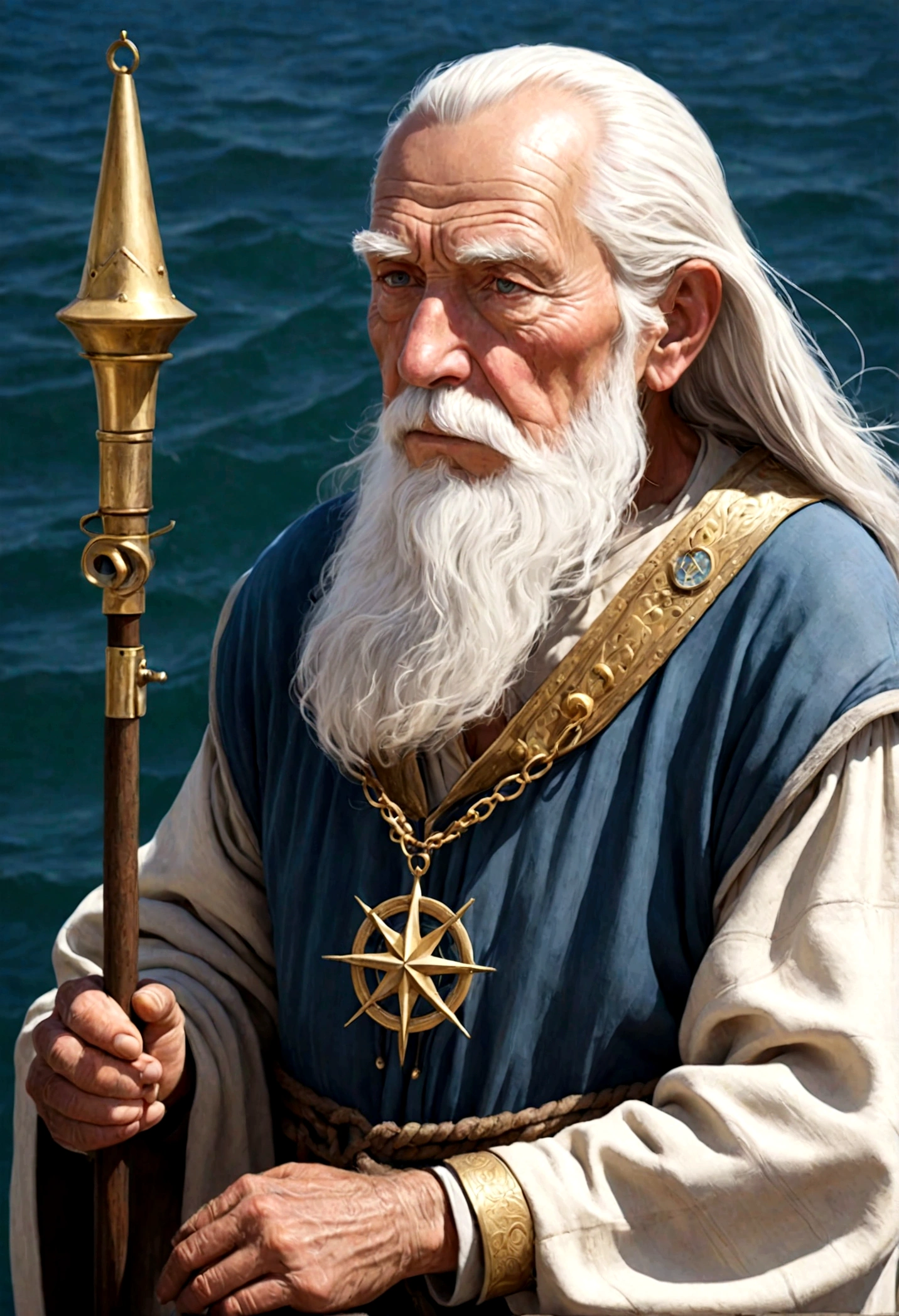 **Appearance:** (Lord Henry Ballard, in his early eighties, is a weathered man bearing the marks of a life spent at sea. His sun-tanned, wrinkle-lined face reflects the wisdom and experience of his years. His eyes, ocean blue, carry the melancholy and wisdom of a sailor who has seen the depths. His hair and beard are pure white, yet his strong and upright posture reveals an energetic and determined man despite his age. He typically wears simple yet high-quality seafaring clothes. At his waist hangs an ancestral compass, and around his neck, a dolphin figure representing the sea god Ovayek.), ((80 years old)), ((very noble old man)), (((very classy medieval age noble))) **Personality:** Henry is a wise, calm, and contemplative man. The long years he spent on the seas have endowed him with patience, resilience, and wisdom. His speech is measured and thought-provoking; he always listens first and speaks later. He is fair and understanding towards others, yet can be firm and decisive when necessary. Deeply devoted to Zunta and its people, he does everything in his power for the city's prosperity and safety.