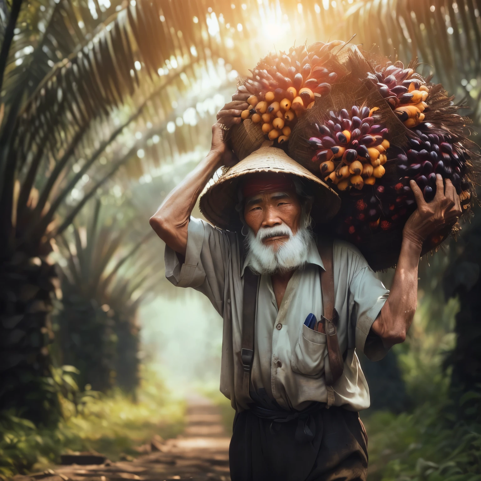 arafed man carrying a load of palm fruit on his head, japanesse farmer, by Rudy Siswanto, by Raymond Han, farmer, inspired by Rudy Siswanto, an old man, old man, inspired by Steve McCurry, old man doing hard work