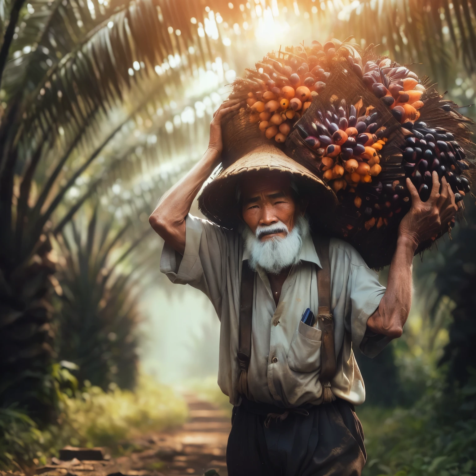 arafed man carrying a load of palm fruit on his head, japanesse farmer, by Rudy Siswanto, by Raymond Han, farmer, inspired by Rudy Siswanto, an old man, old man, inspired by Steve McCurry, old man doing hard work