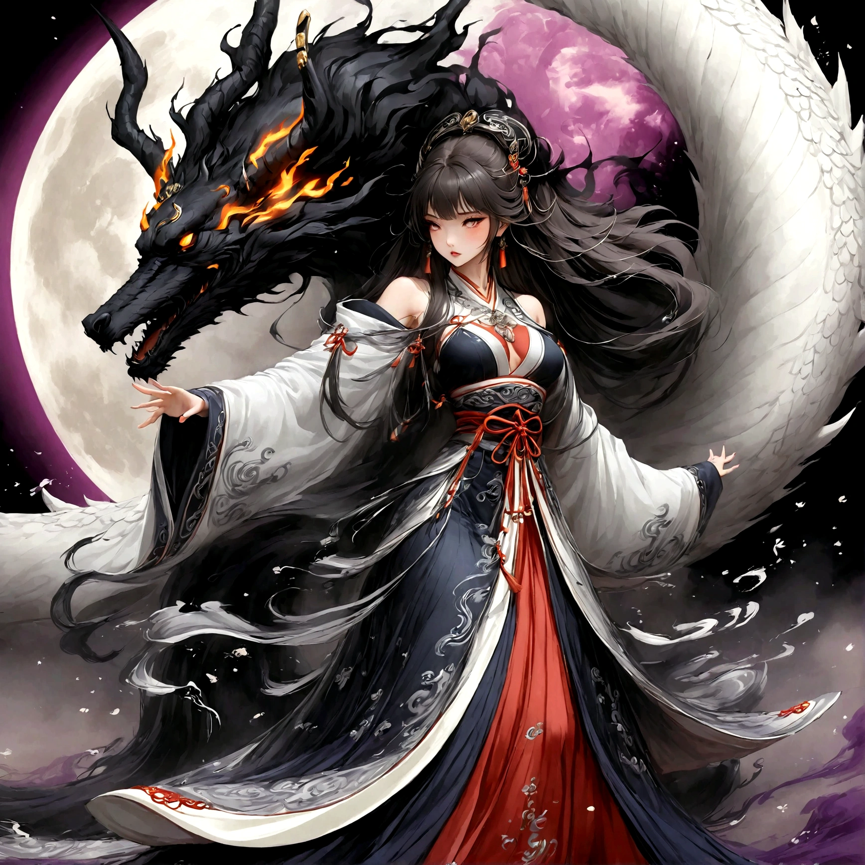 highest quality, Ultra-high resolution,A shrine maiden wearing black clothing and black hakama is dancing in front of a huge black dragon.、Dynamic Movement、Full moon night、Real、The dragon's head1t、竜の胴は一t、Swirling black flames