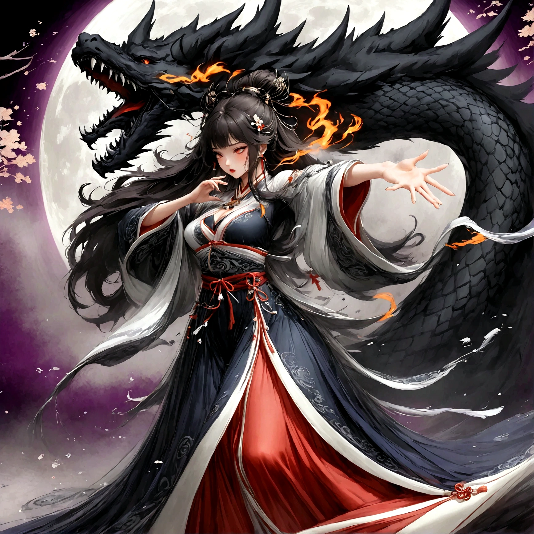 highest quality, Ultra-high resolution,A shrine maiden wearing black clothing and black hakama is dancing in front of a huge black dragon.、Dynamic Movement、Full moon night、Real、The dragon&#39;s head１t、竜の胴は一t、Swirling black flames