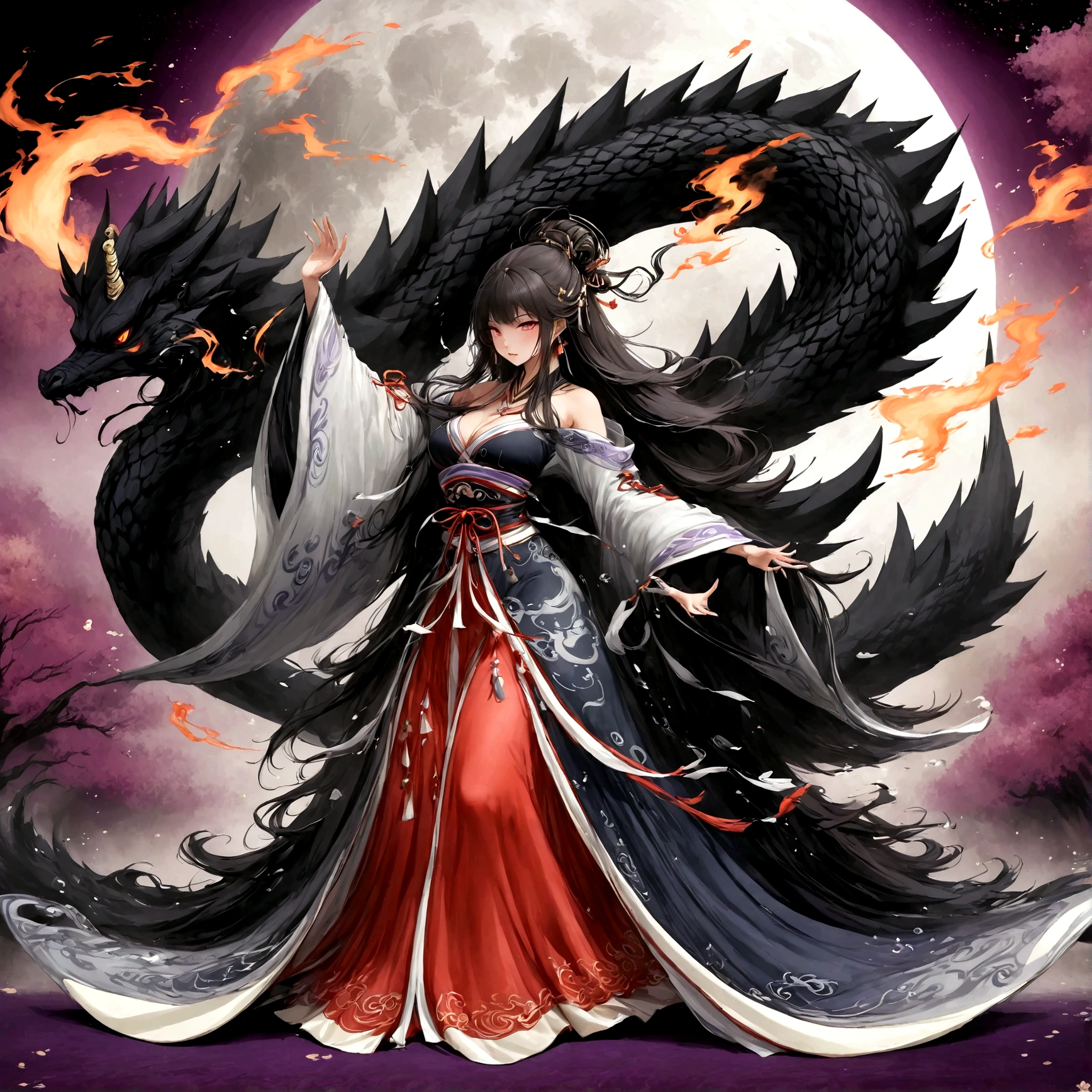 highest quality, Ultra-high resolution,A shrine maiden wearing black clothing and black hakama is dancing in front of a huge black dragon.、Dynamic Movement、Full moon night、Real、The dragon&#39;s head１t、竜の胴は一t、Swirling black flames