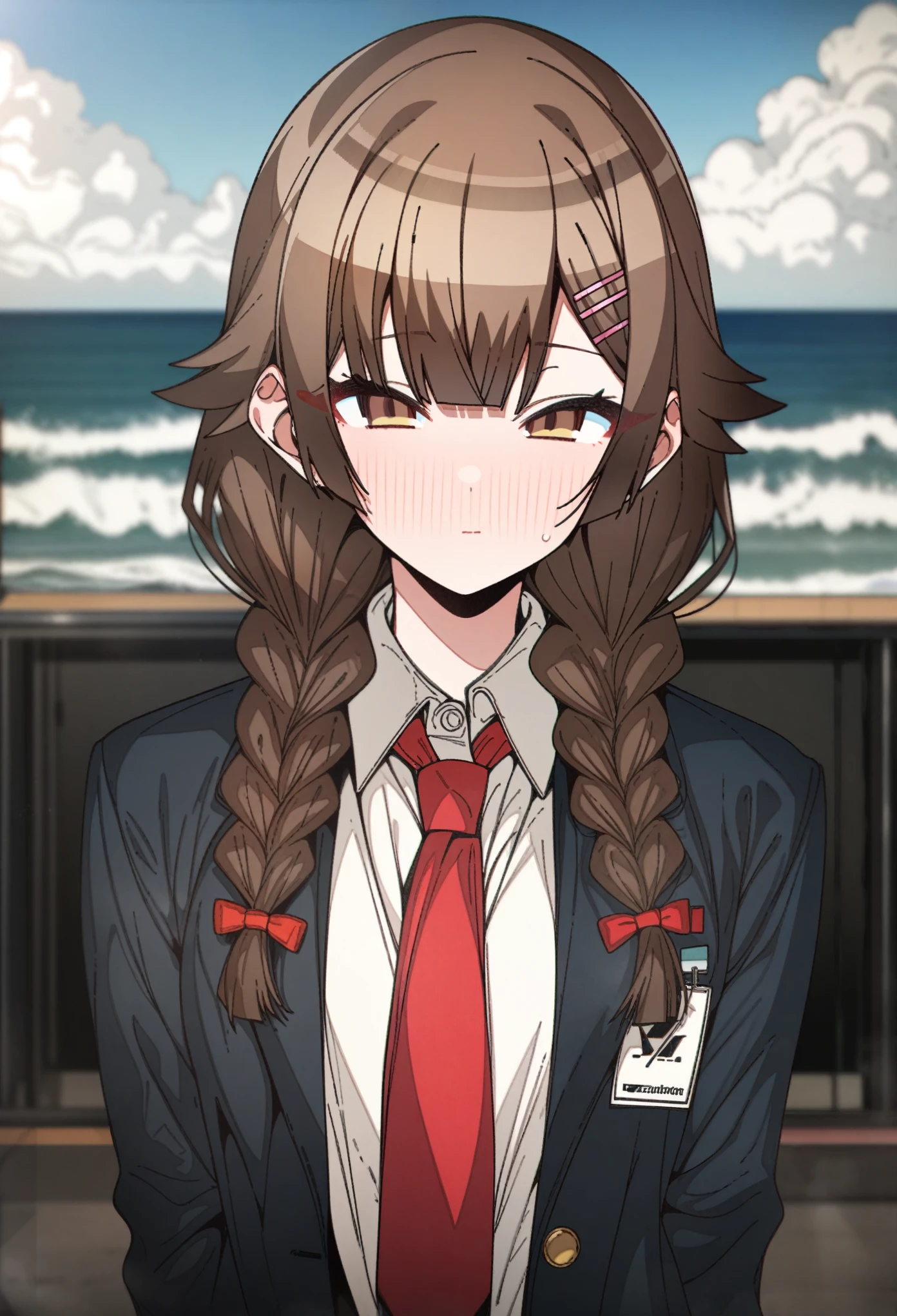 hoshino_(blue_archive) with brown hair and brown eyes, Artist, erere, Copyrights, idolmaster, idolmaster_shiny_colors, Character, General, 1girl, brown_hair, blunt_bangs, blush, medium_breasts, breasts, detailed eyelashes, beautiful girl:1, brown_eyes, censored, clouds, detailed background, school_uniform, pleated skirt:1.2, blazer, hair_clip, twin_braids, red tie, medium shot photography:1.1, standing in middle:1.1, sea, sky:1.5, half-closed_eyes, detailed, outdoors, looking_at_viewer, masterpiece, best_quality, great_quality, girl, solo, center_composition, centered character, cute, bandages_over_one_eye, bandages,