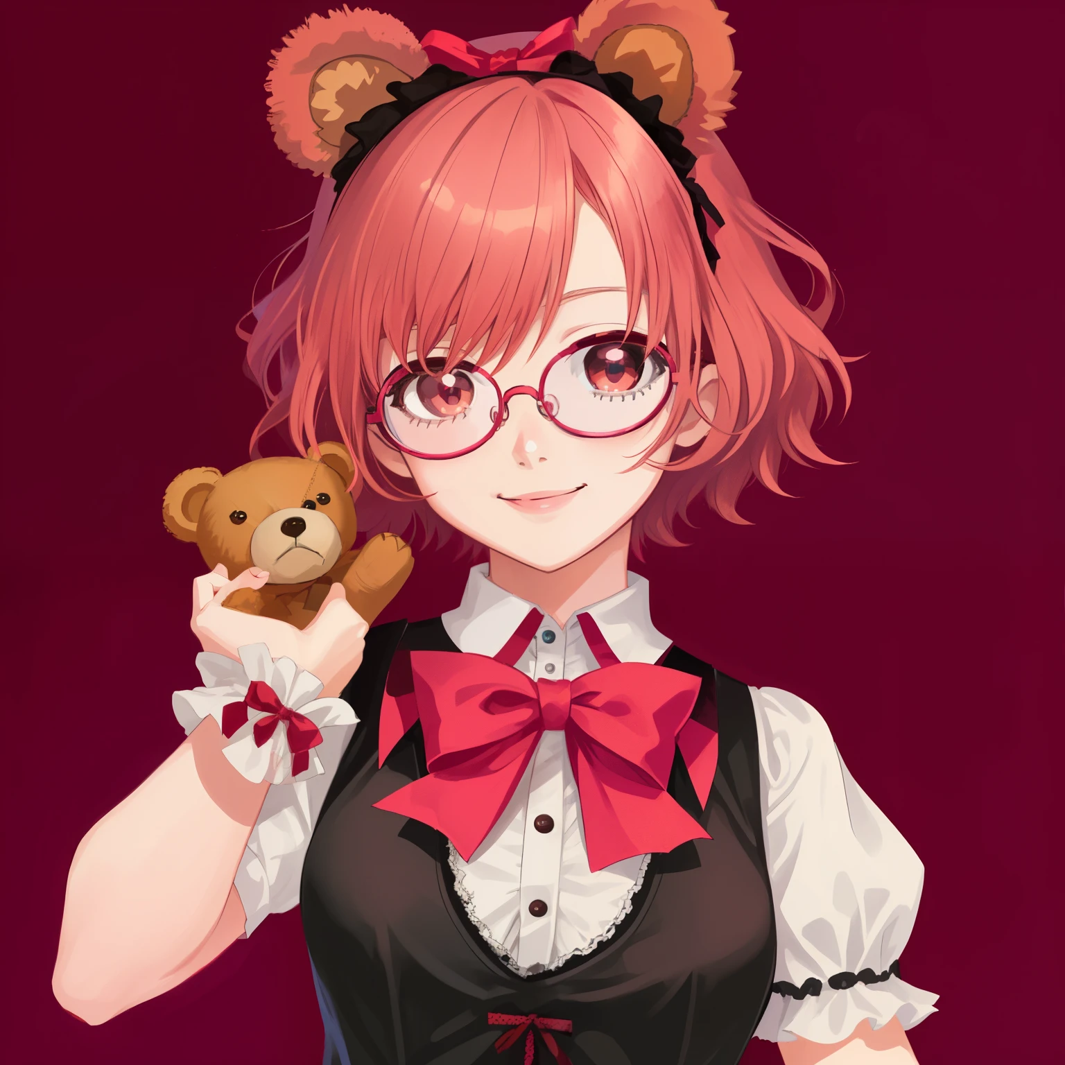 1girl, anime, red_pink_hair, short_hair, brown_eyes, playful_smile, short_sleeves_blue_ta_ouji_vest, gothic_background, lolieadbow_with_bear_ears,  glasses, looking_at_viewer, holding_one_giant_teddy_bear