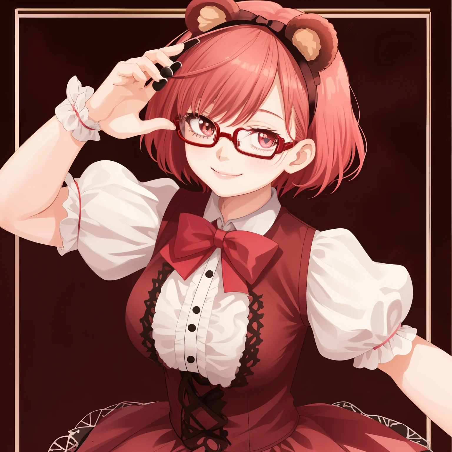 1girl, anime, red_pink_hair, short_hair, brown_eyes, playful_smile, short_sleeves_blue_ta_ouji_vest, gothic_background, lolieadbow_with_bear_ears,  glasses, looking_at_viewer, holding_one_giant_teddy_bear