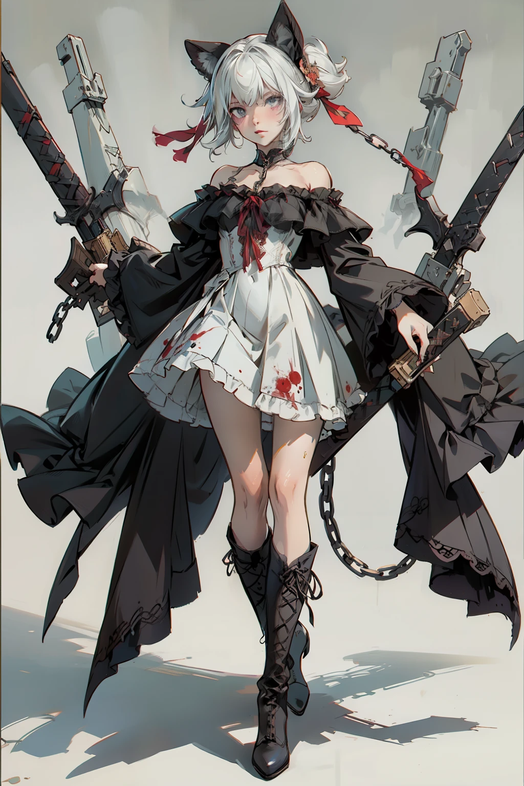 ((best quality)), ((masterpiece)), (detailed), 1girl, off-shoulder, blank white background, plain background, white background, red and white clothing, Bloodborne inspired, occult aesthetic, occult, detailed and intricate steampunk and detailed gothic, NSFW, Very dramatic and cinematic lighting, cosmic horror, grim-dark, side-lighting, perfect face, NSFW, Fluttering lace flared long knee length dress with frilly petticoats, knee length dress, pleated petticoats, ta dress, petticoats gothic lolicomplex lace boots, side-lighting, gothic lolita aetic, wielding a mighty sword with mechanical components, carbine, NSFW, beautiful small breasts, small breasts, full body, whole body, body, plain background, white background, blank background, no background, white background NSFW, chains, full body, whole body, head-to-toe NSFW