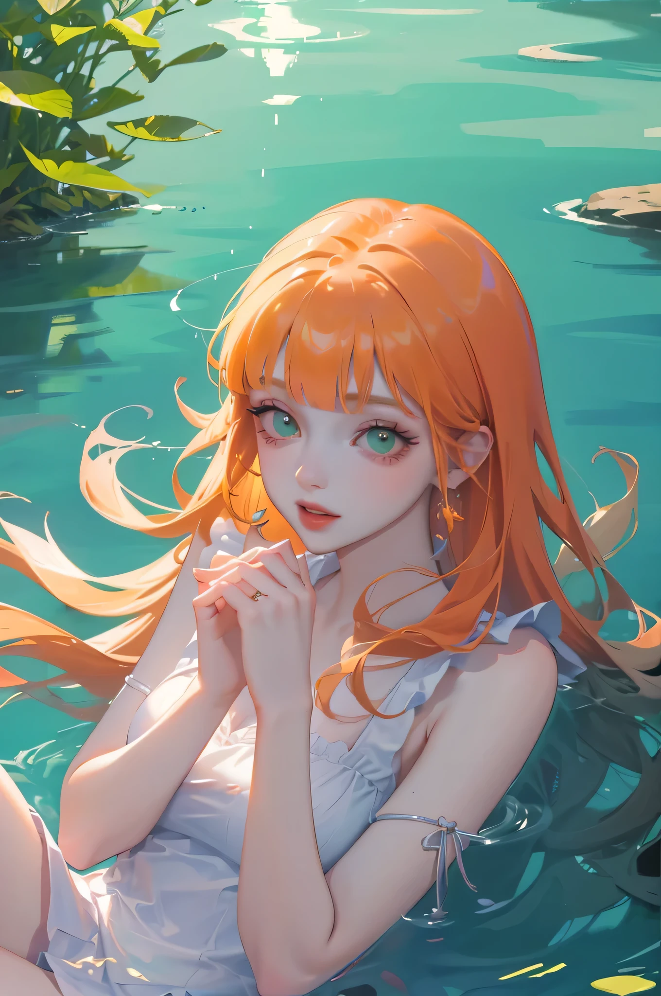 (high quality) (best quality) (a woman) (correct physiognomy) (5 fingers on each hand) (two arms) (two eyes) Woman, orange hair with bangs on the forehead, green eyes, tender lips, middle age, long white dress, location of the photo the woman must be in the middle of a pond which is located in the middle of the forest, some koi fish in the pond, lighting of the photo sunlight.