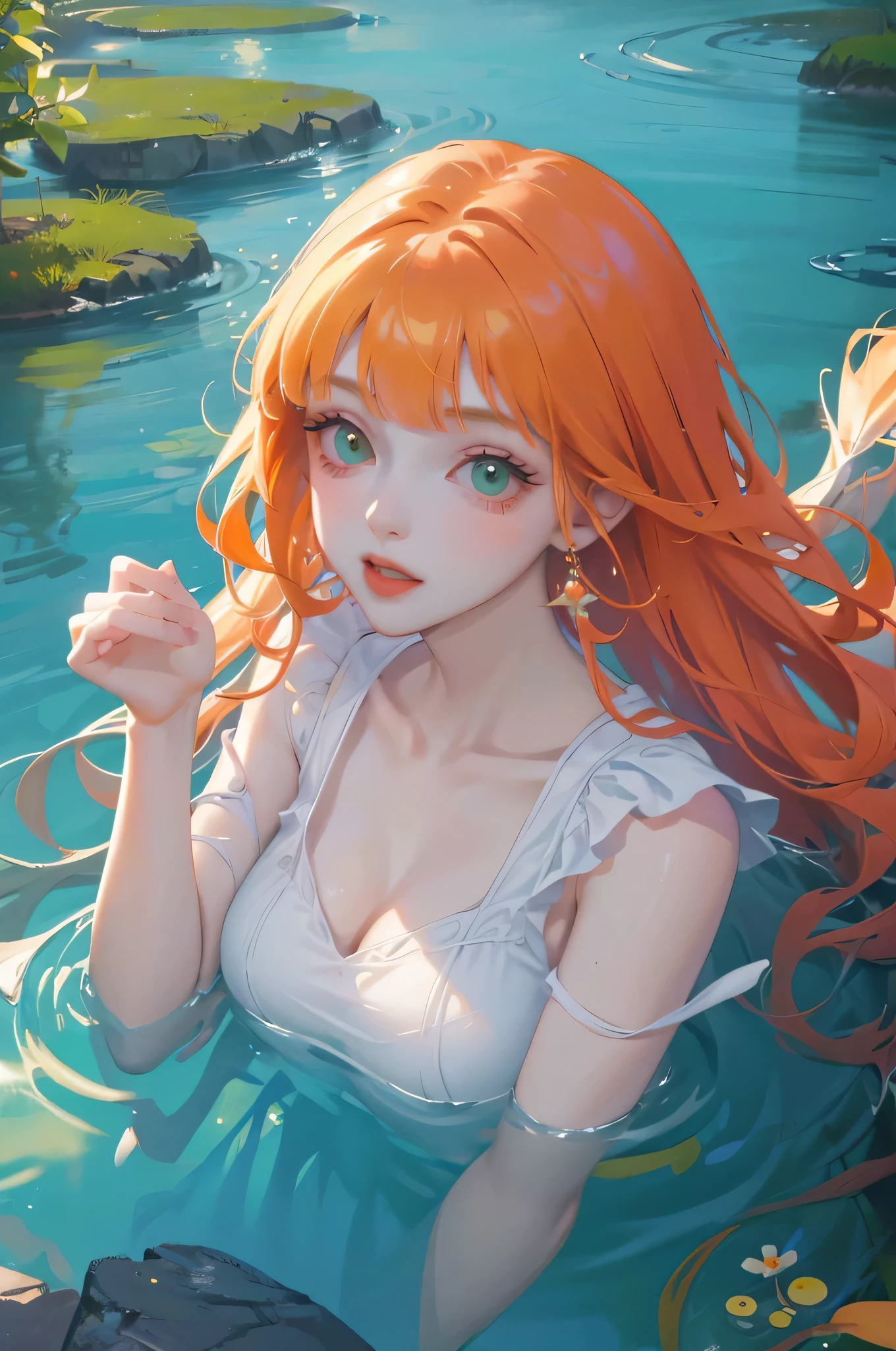 (high quality) (best quality) (a woman) (correct physiognomy) (5 fingers on each hand) (two arms) (two eyes) Woman, orange hair with bangs on the forehead, green eyes, tender lips, middle age, long white dress, location of the photo the woman must be in the middle of a pond which is located in the middle of the forest, some koi fish in the pond, lighting of the photo sunlight.