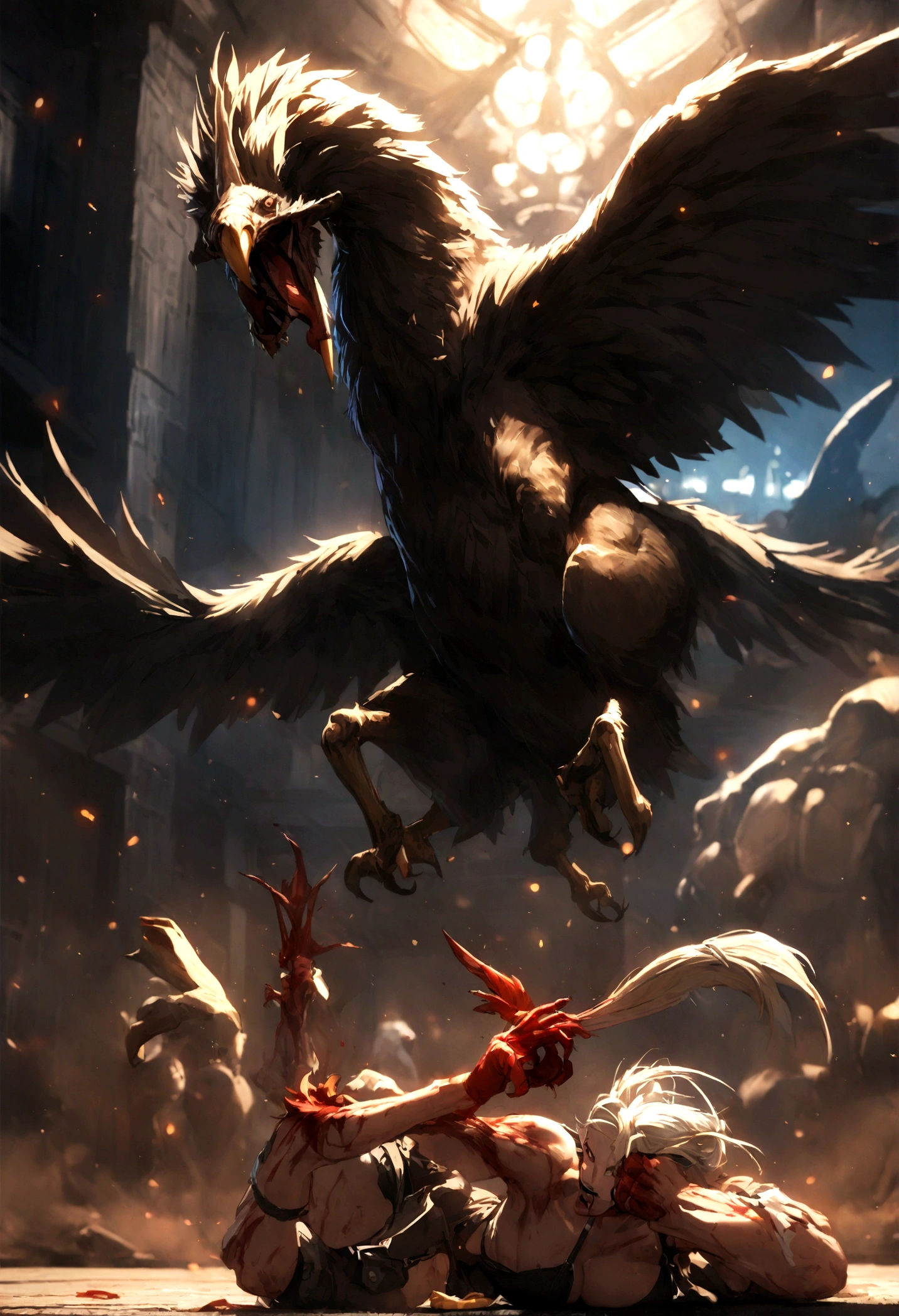 The anime cockfighting logo is fierce and bloody.