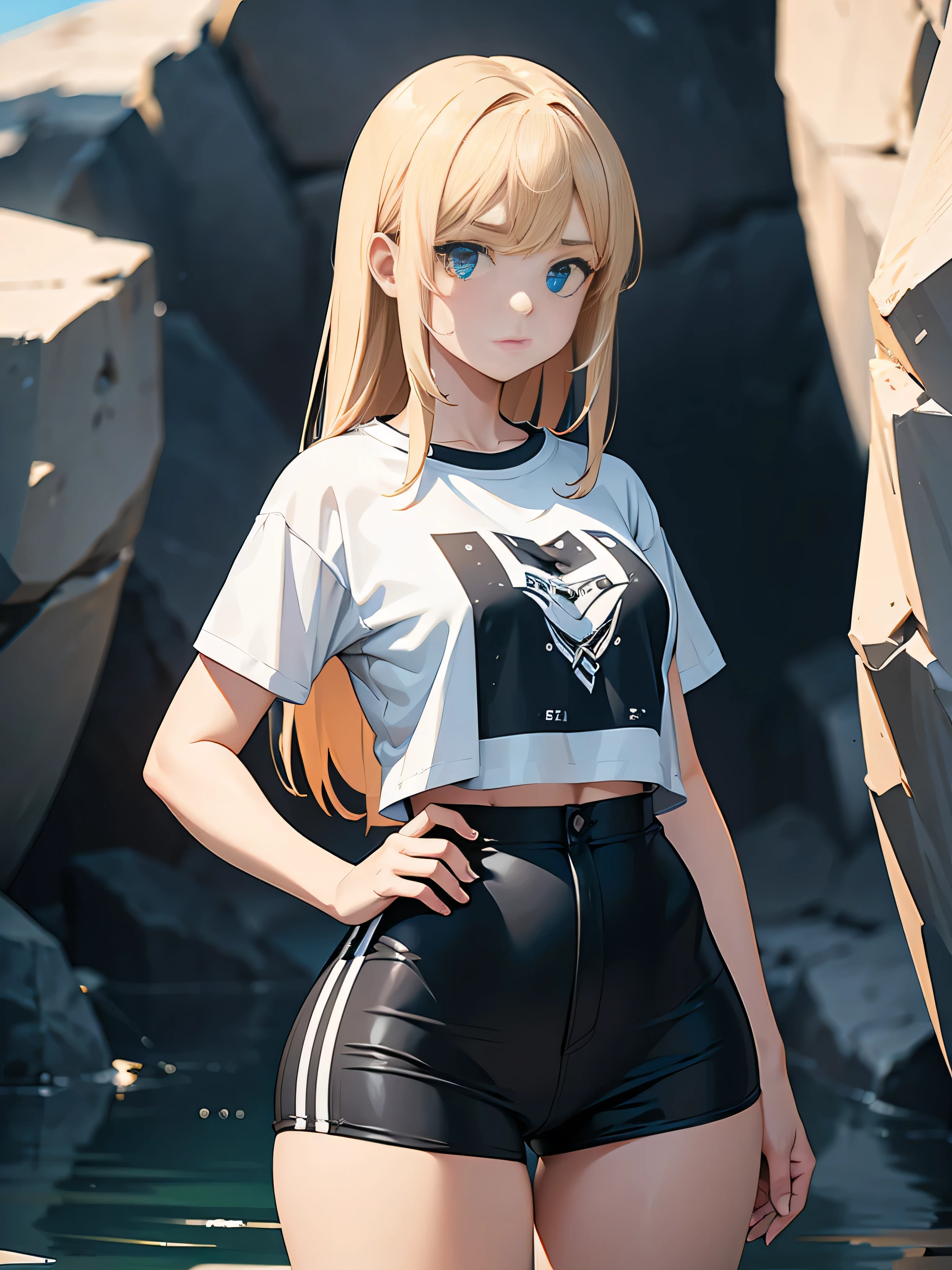 young girl, T-shirt, Rock, whole body to see, steht, lächeld, erregt, standing, langes haar, very wide hips