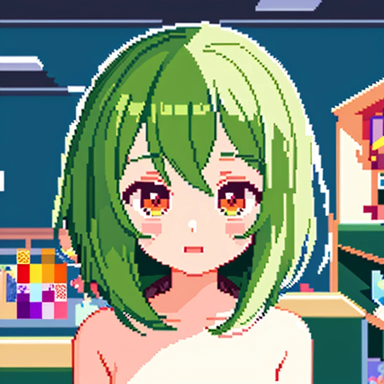 a surrealistic painting of an anime woman wearing a bra in a (daycare with naked  children) setting. The painting should have a vibrant color palette with dramatic and moody lighting. The surreal elements should be subtle, and the anime woman should have a playful expression, detailed pixel artwork, portrait pixel art drawing, ((pixel art)), #pixelart:3, /r/pixelart, # pixelart, #pixelart, retro nintendo bitmap pixel art, high quality pixel art