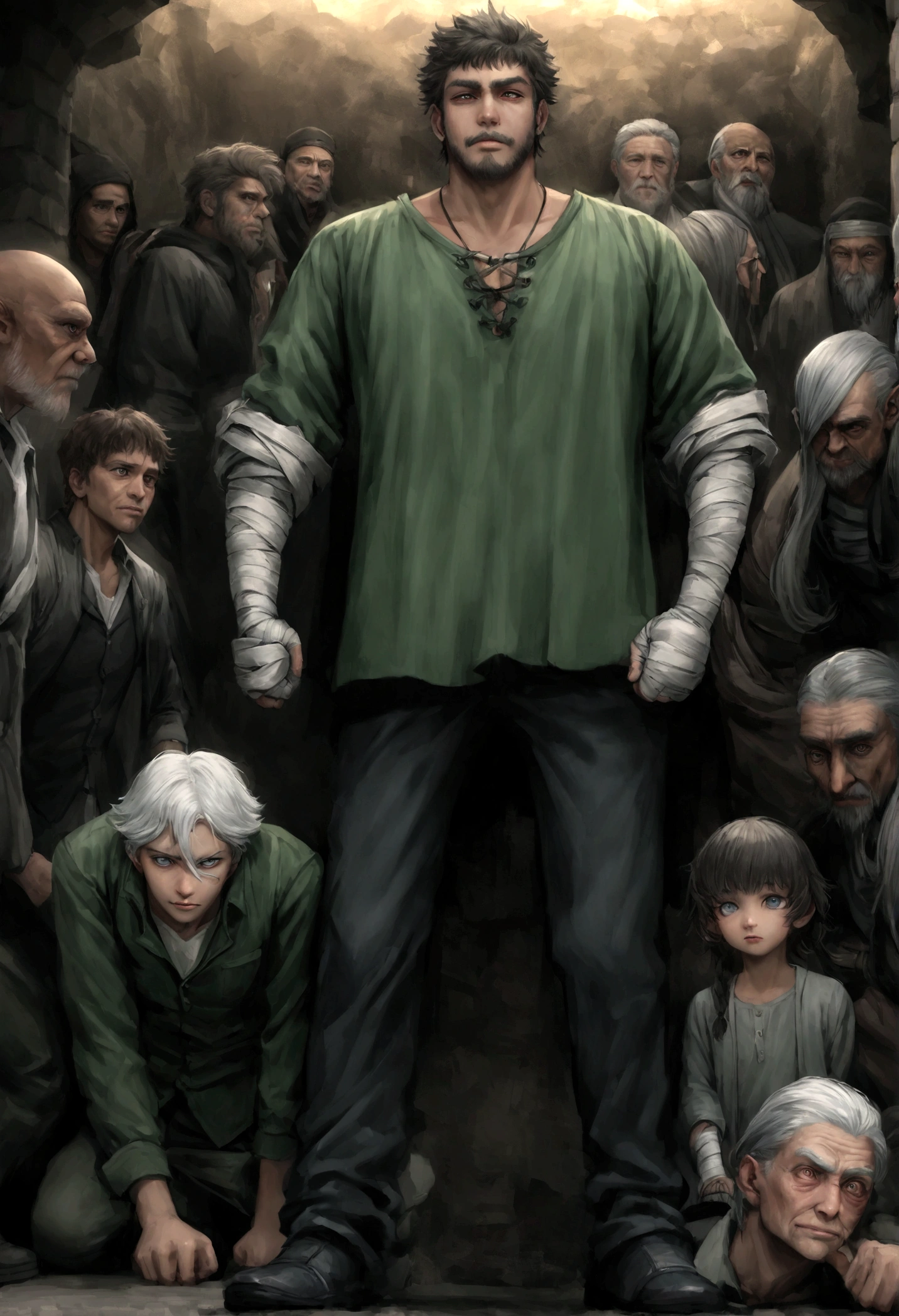 8k imagem realista do homem bonito, 25 anos, cabelos castanhos longos, olhos castanhos, Expression of hate, vestido com camisa casual preta simples, black bandages wrapped around his arms, Standing in a large rustic underground dungeon