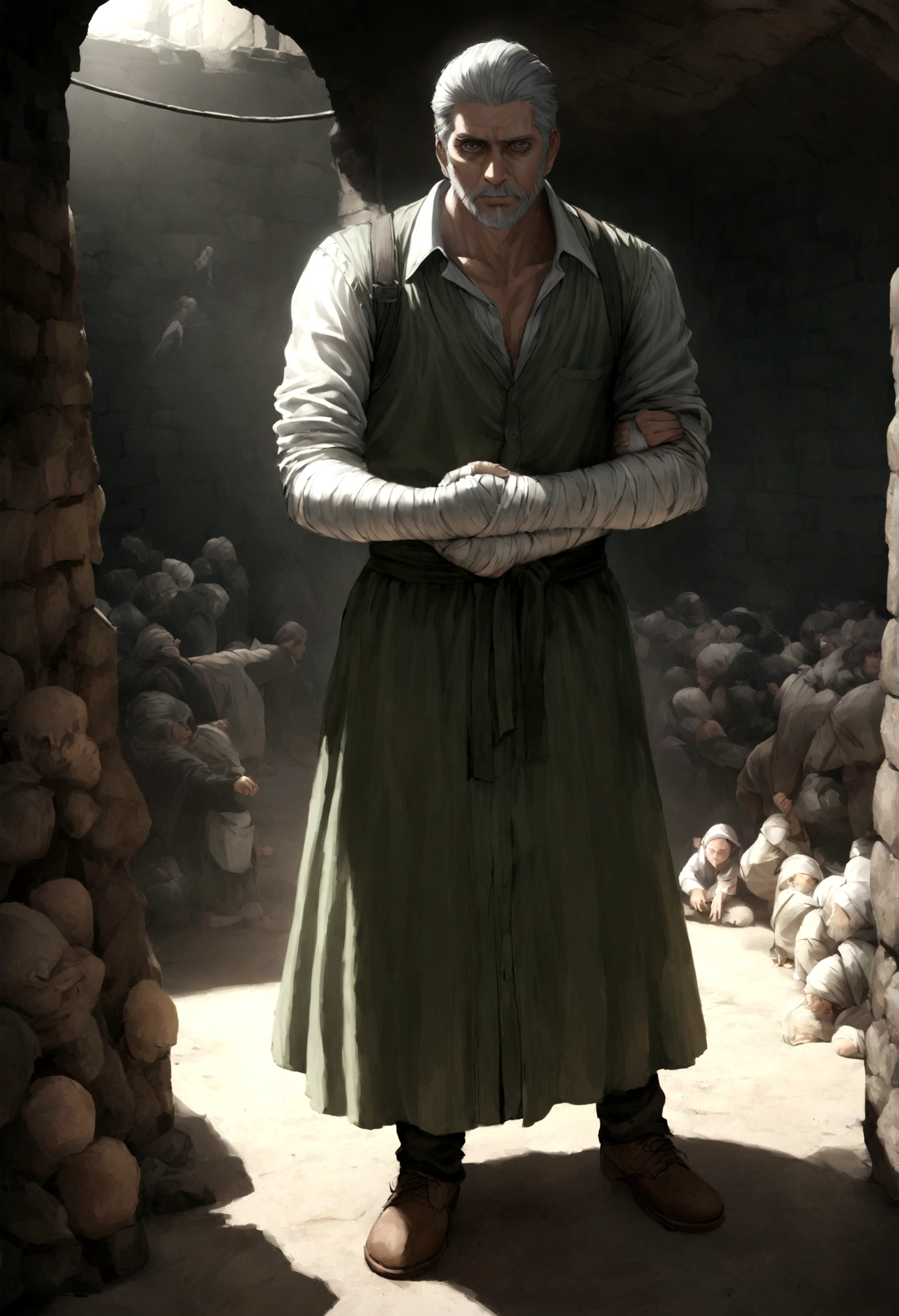 8k imagem realista do homem bonito, 25 anos, cabelos castanhos longos, olhos castanhos, Expression of hate, vestido com camisa casual preta simples, black bandages wrapped around his arms, Standing in a large rustic underground dungeon